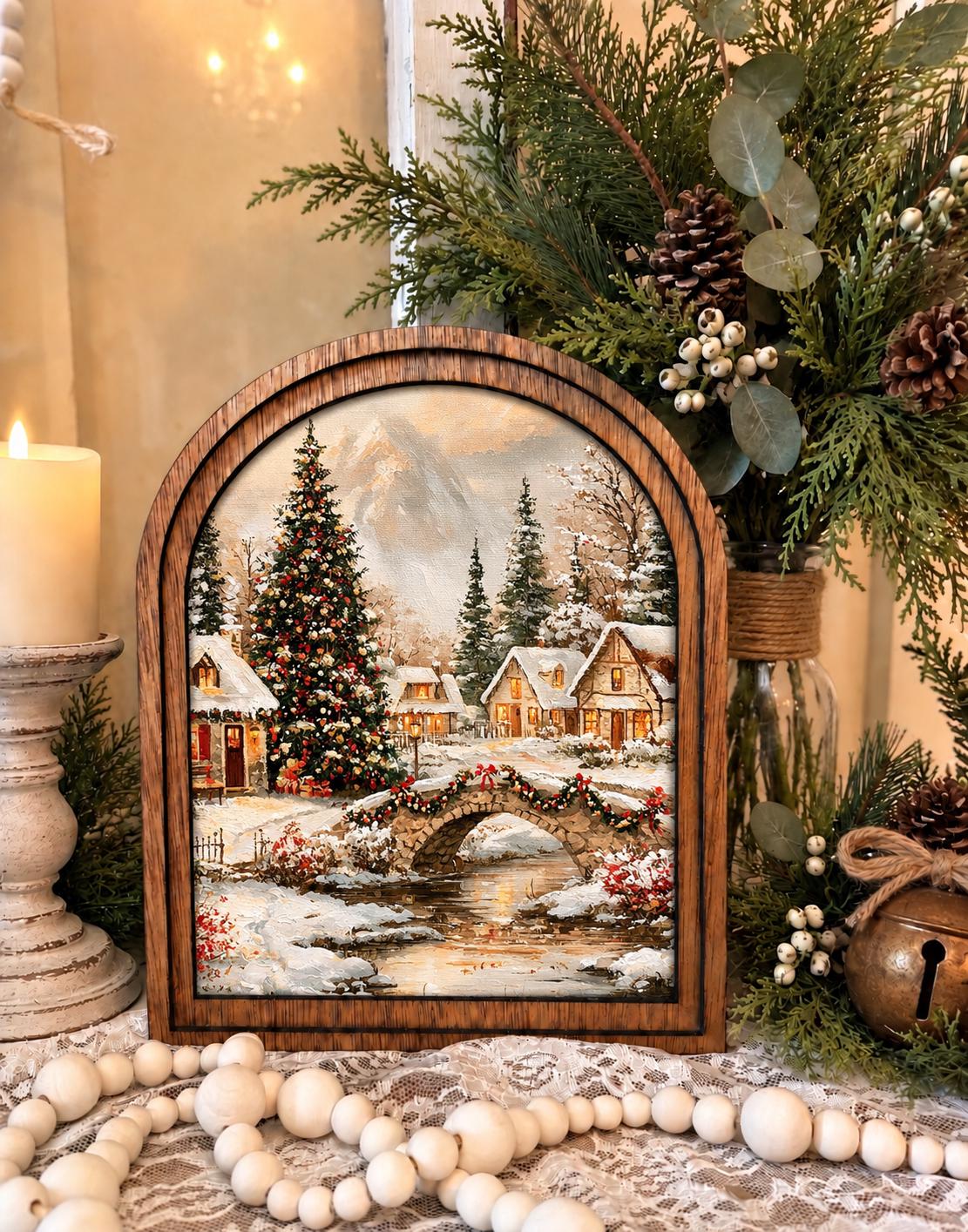 Wooden Arch Framed Winter Village Scene Decor | Wood Framed Holiday Canvas Art | Holiday Home Accent | Winter Themed Wall Hanging