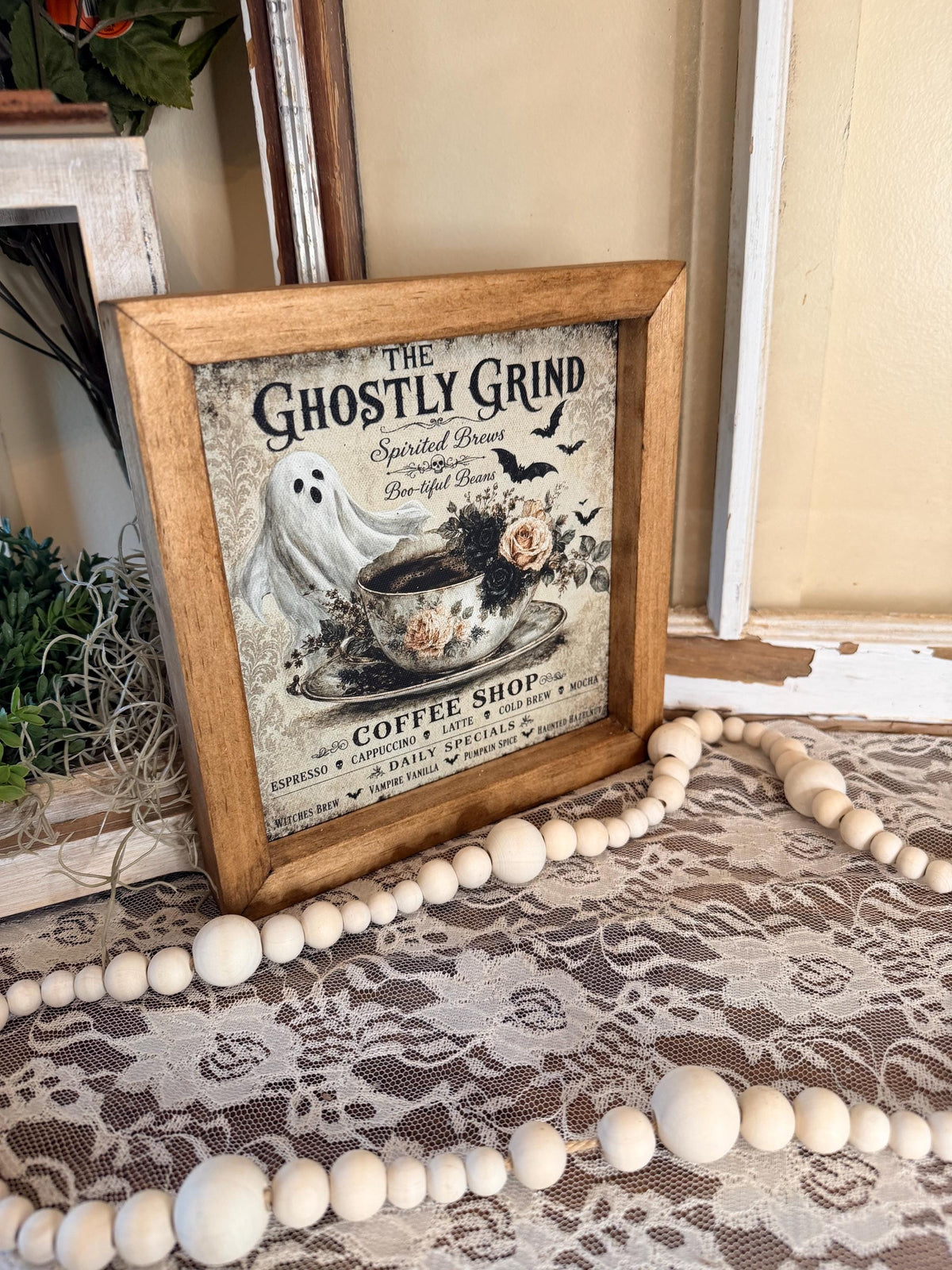 Halloween wood framed coffee bar sign, coffee ghost kitchen framed wall art