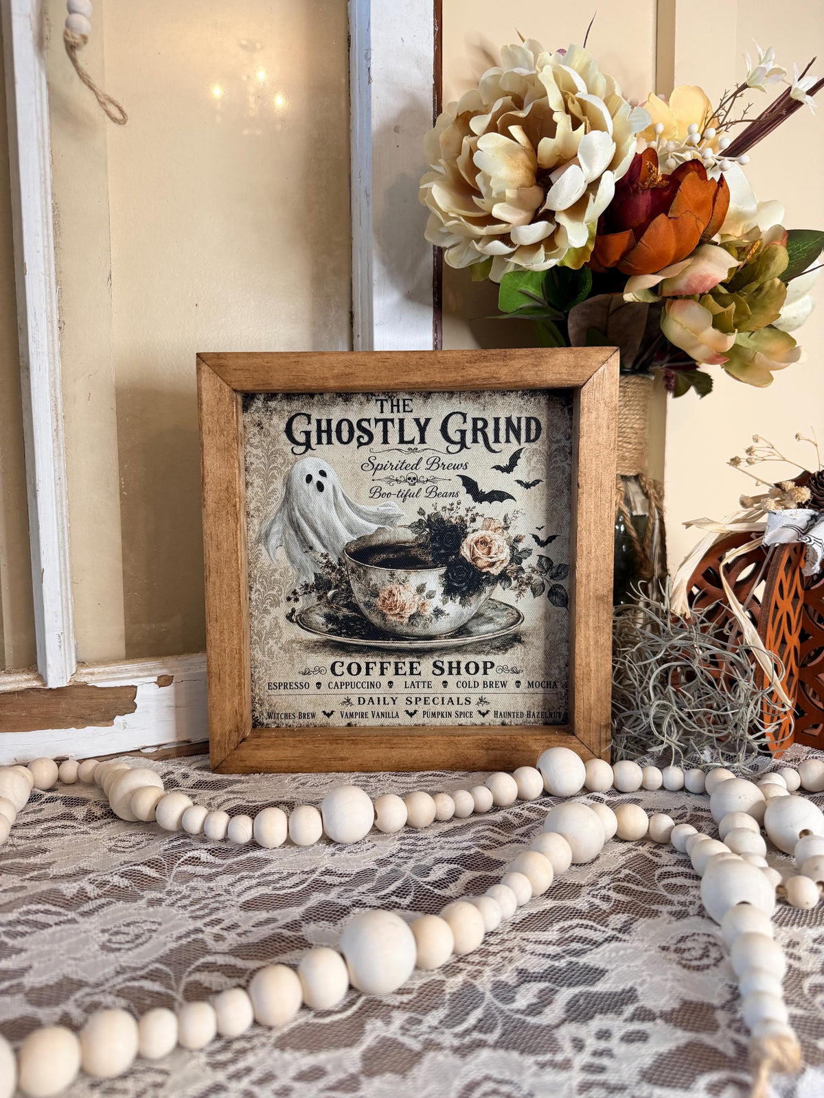 Halloween wood framed coffee bar sign, coffee ghost kitchen framed wall art