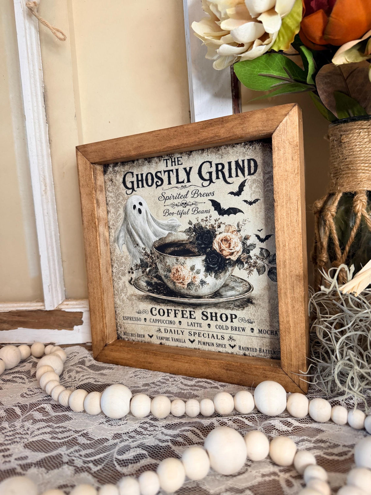 Halloween wood framed coffee bar sign, coffee ghost kitchen framed wall art