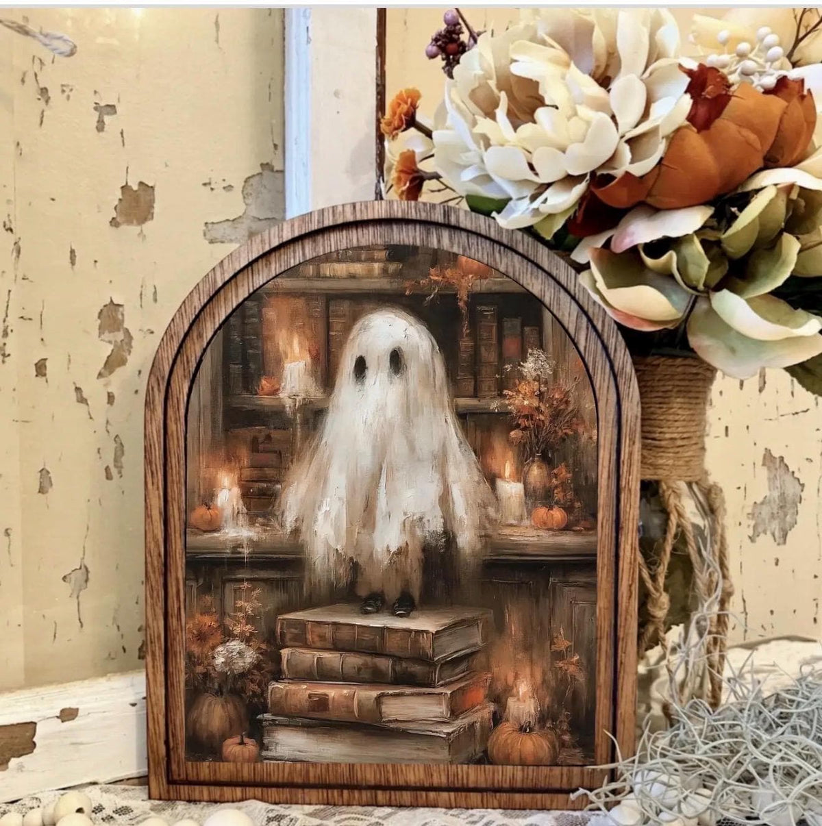 Wood Framed Arch Halloween Ghost Library Bookish  Scene Canvas Art Home Accent Decor