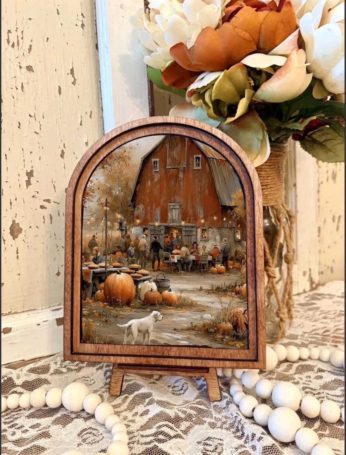 Wood Framed Arch Autumn Country Barn Party  Scene  Canvas Art Home Accent Decor