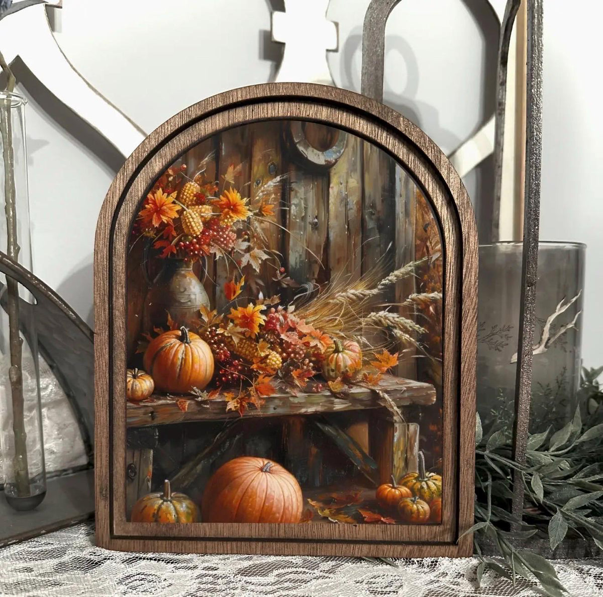 Wood Frame Arched Autumn Harvest  Canvas Art Home Accent Decor