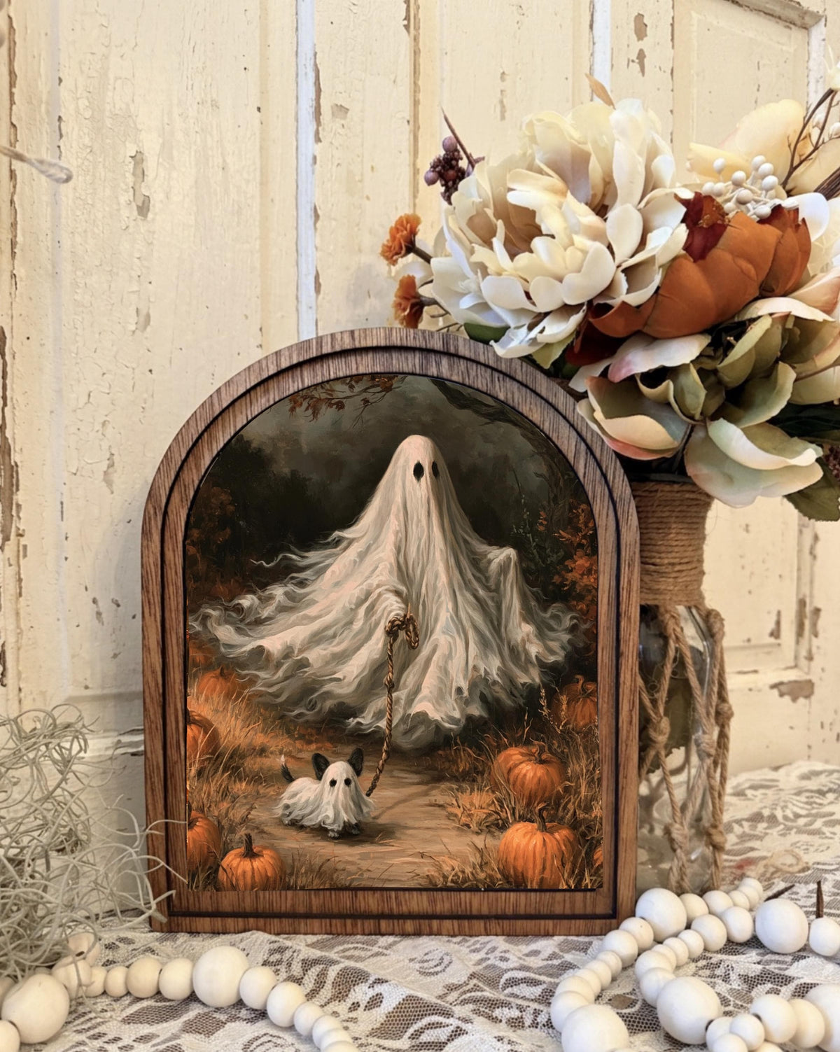 Wood Framed Arch Halloween Ghost Art Home Accent Decor