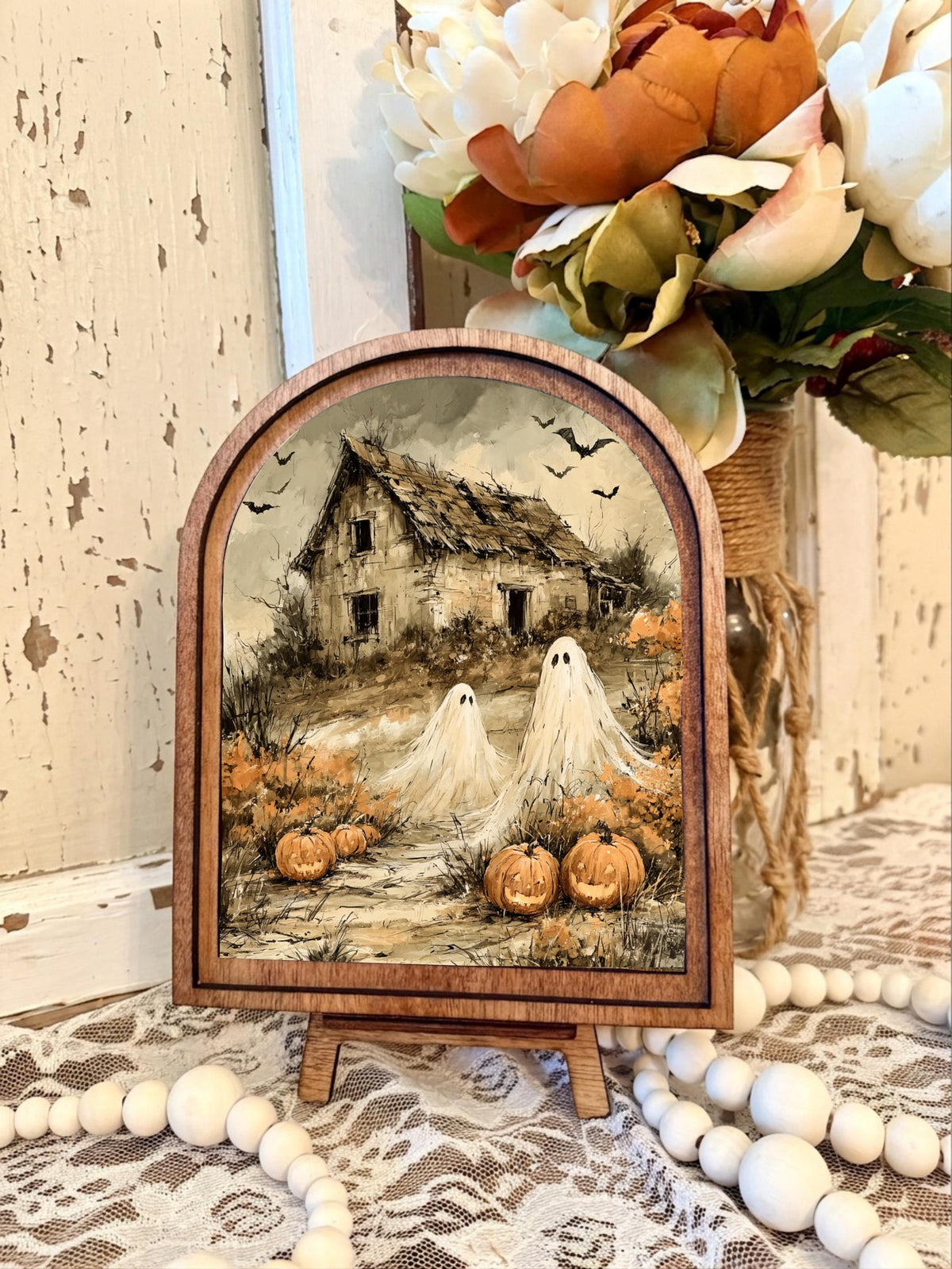 Wood Framed Arch Halloween Country Ghost  Art Home Accent Decor