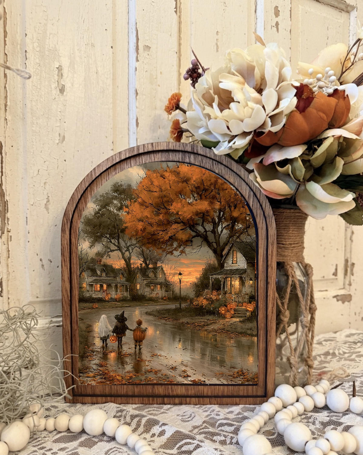 Wood Framed Arch Halloween Trick Or Treat  Art Home Accent Decor