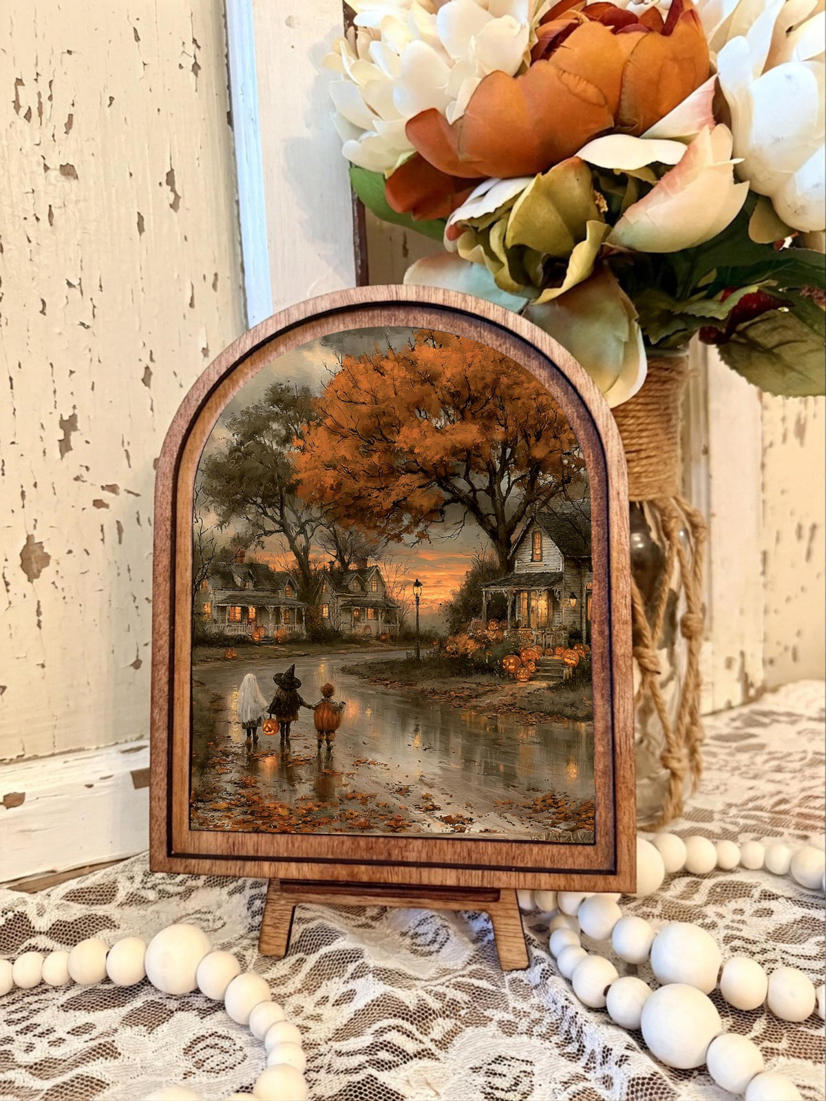 Wood Framed Arch Halloween Trick Or Treat  Art Home Accent Decor