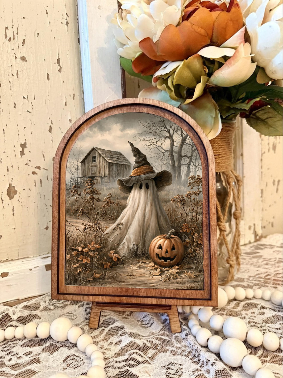 Wood Framed Arch Spooky Halloween Ghost Art Home Accent Decor