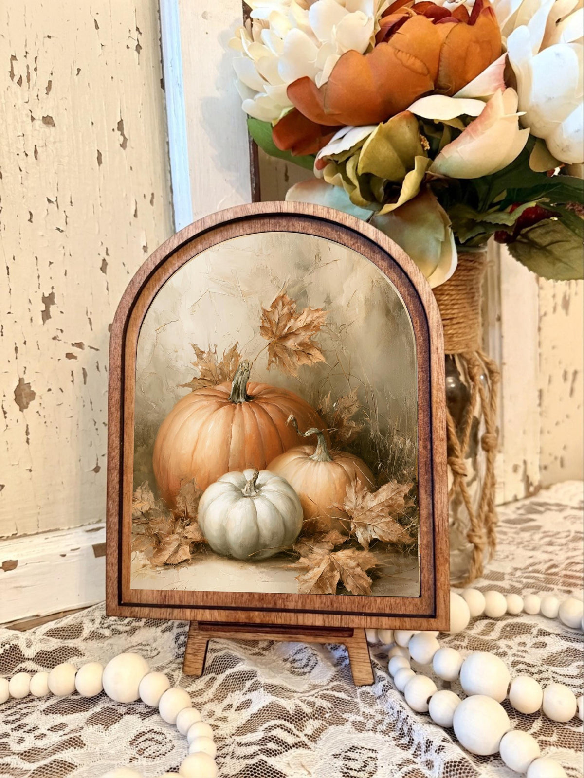 Wood Framed Arch Autumn Pumpkin Botanical Art Home Accent Decor