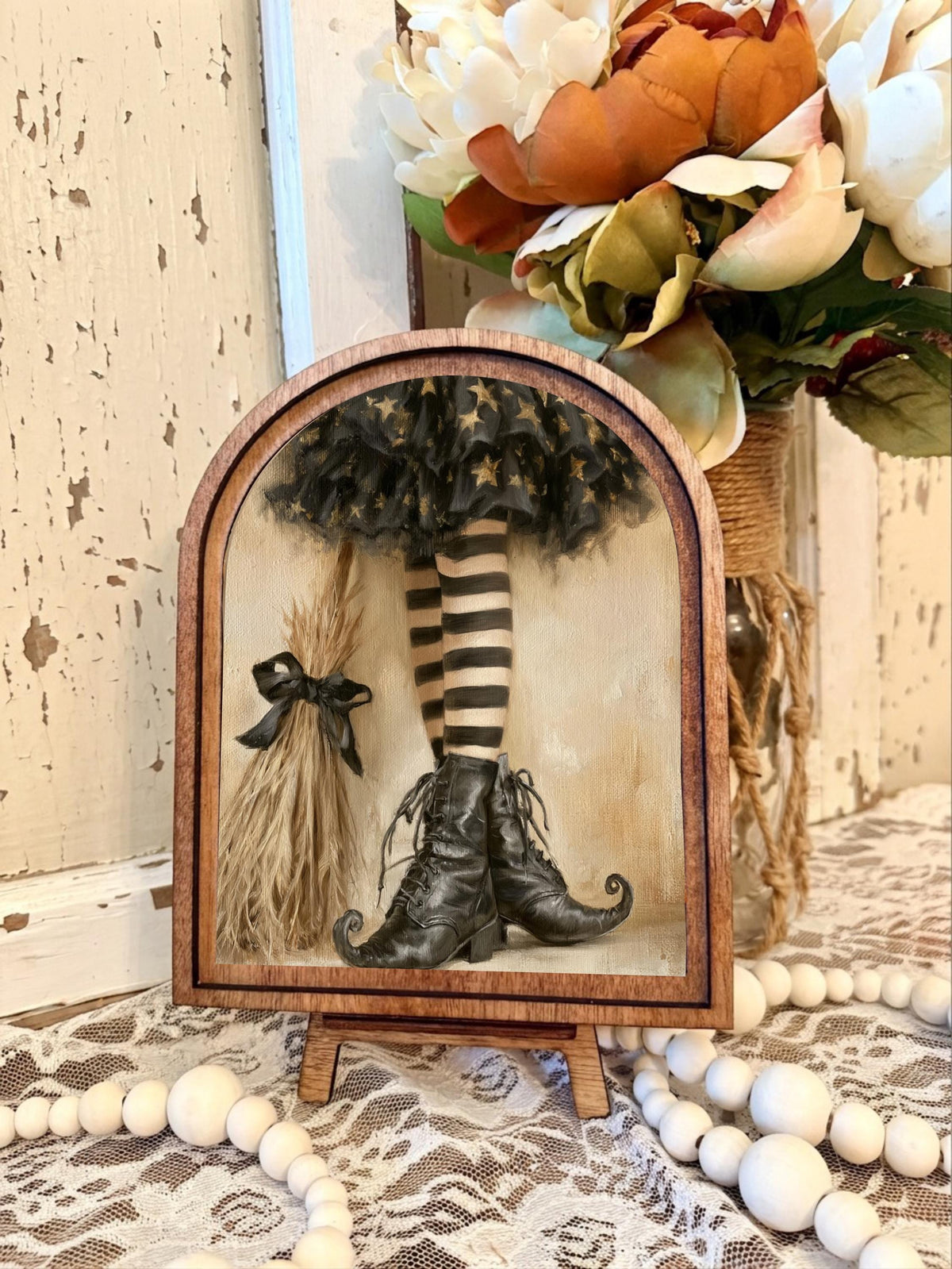 Wood Framed Arch Whimsical Witch  Art Home Accent Decor