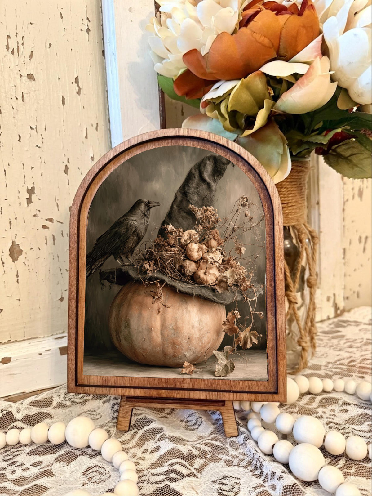 Wood Framed Arch Autumn Botanical Art | Fall Decor, Farmhouse Wall Sign, Cozy Country Mantel Shelf Decor, Neutral Fall Landscape