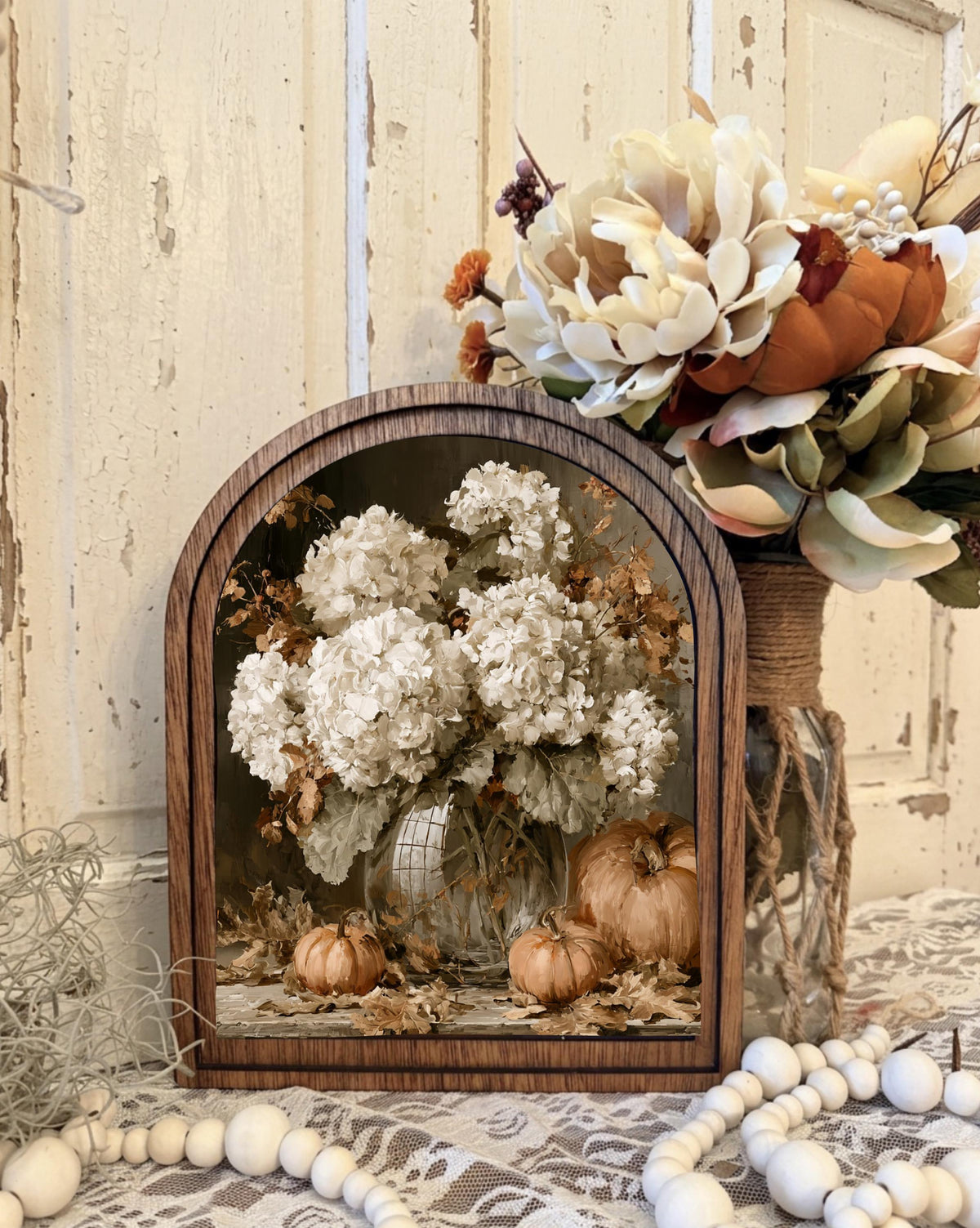 Wood Framed Arch Autumn Botanical Art | Farmhouse Fall Decor | Neutral Fall Landscape | Cozy Mantel Shelf or Tiered Tray Accent