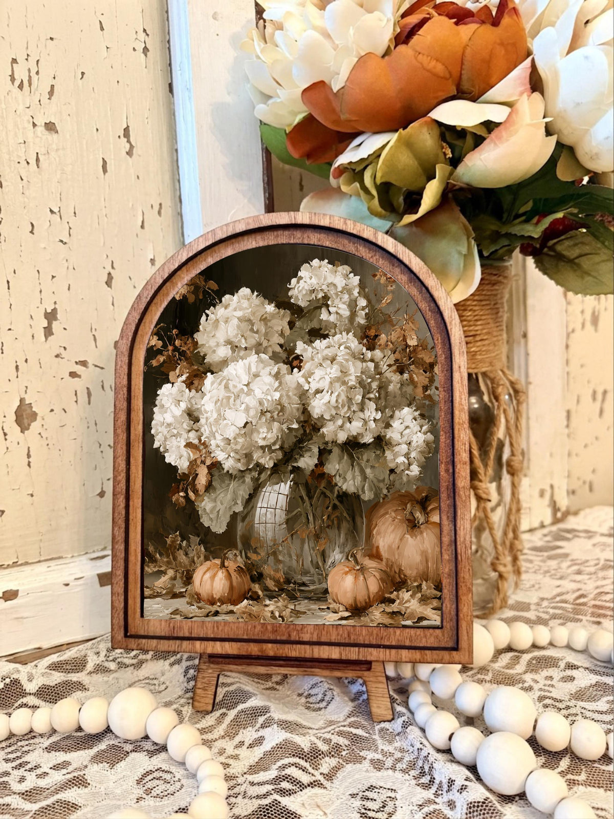 Wood Framed Arch Autumn Botanical Art | Farmhouse Fall Decor | Neutral Fall Landscape | Cozy Mantel Shelf or Tiered Tray Accent