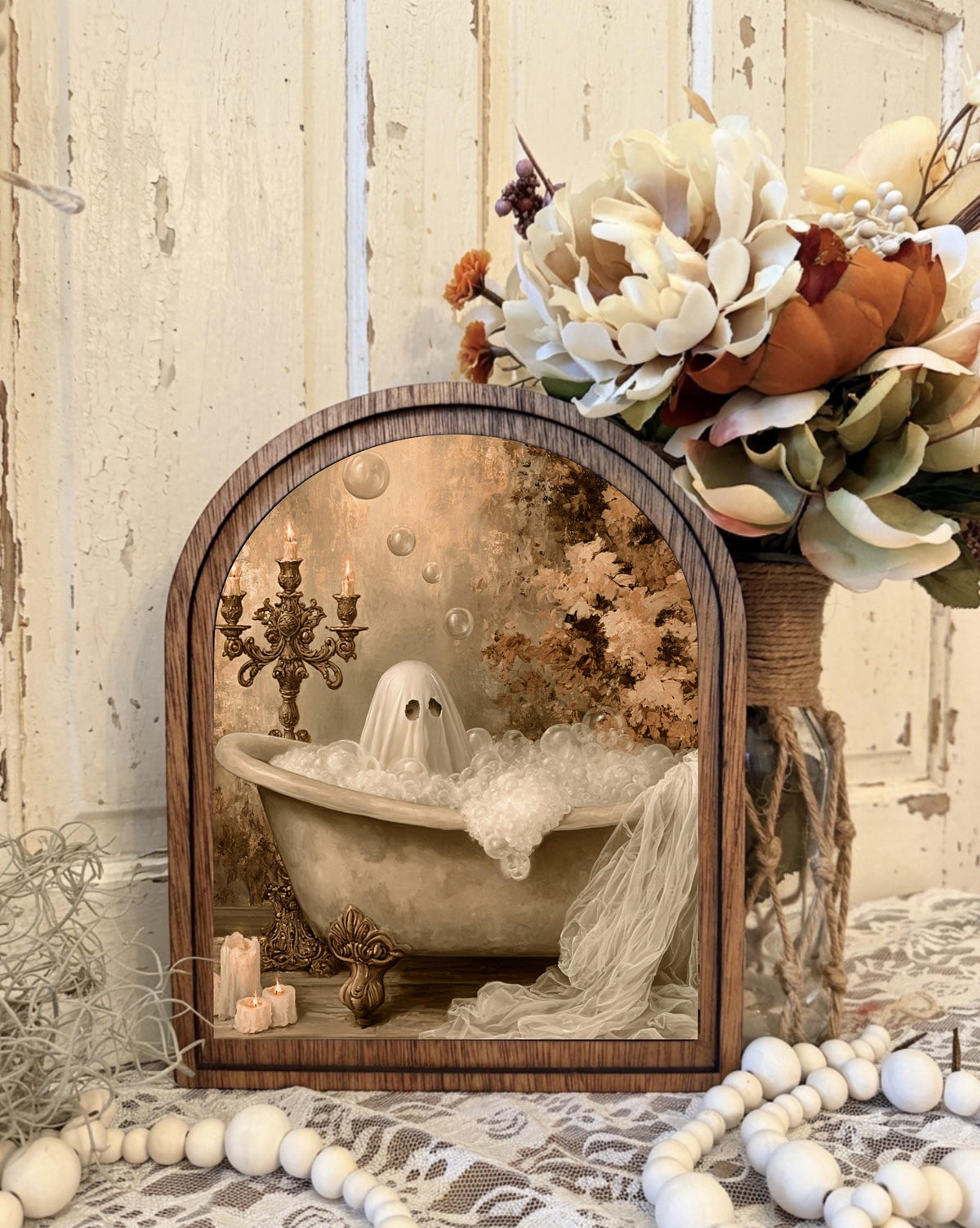 Wood Framed Arch Whimsical Ghost Bathroom  Art Home Accent Decor