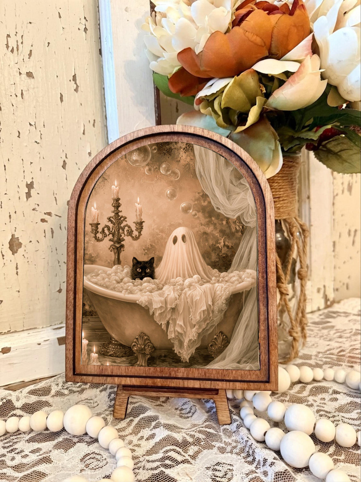 Wood Framed Arch Whimsical Ghost Bathroom  Art Home Accent Decor