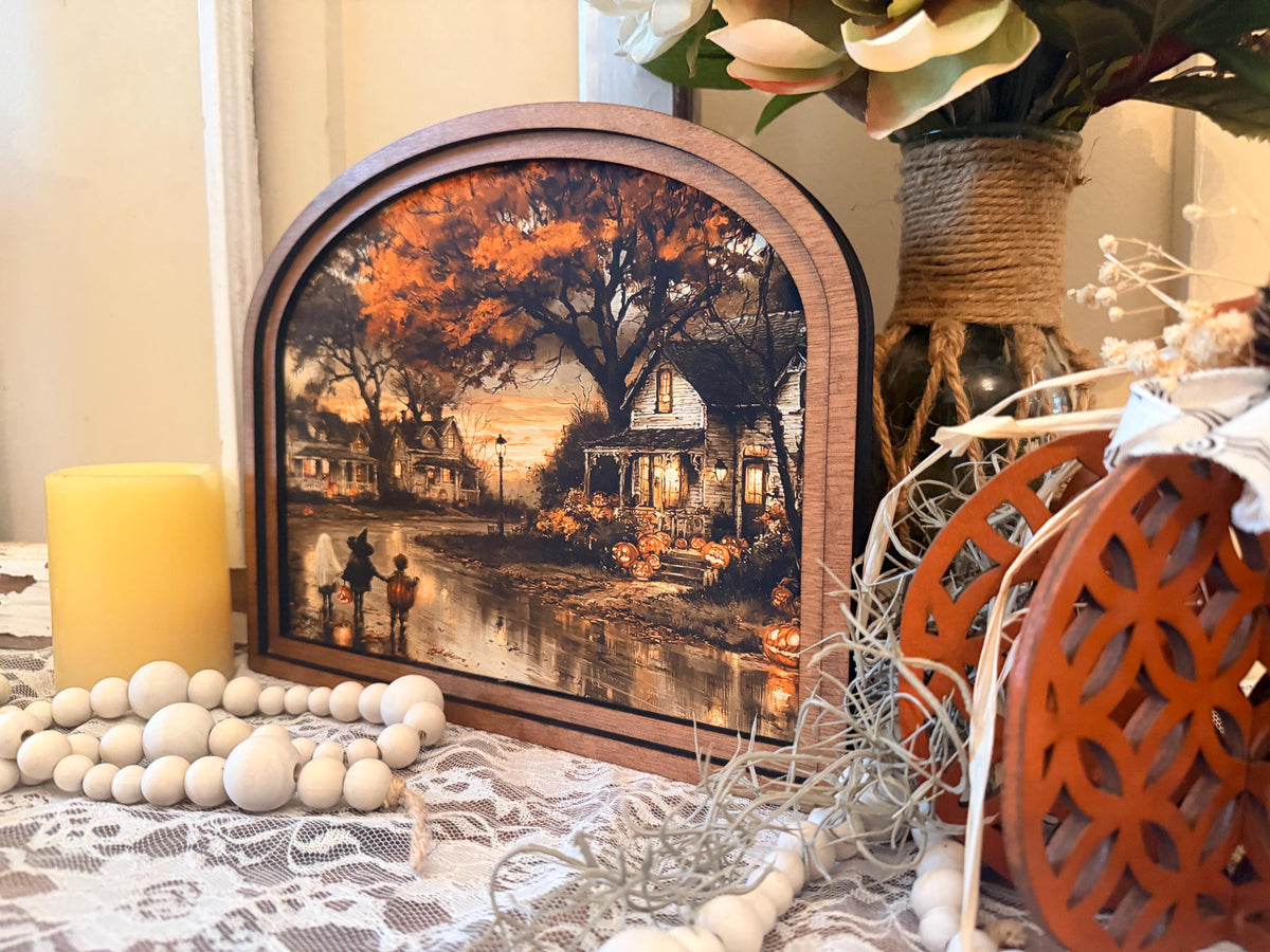 Rustic Halloween Wood Framed Arch Trick Or Treat Fall Decor Sign, Farmhouse Tiered Tray Tabletop Art