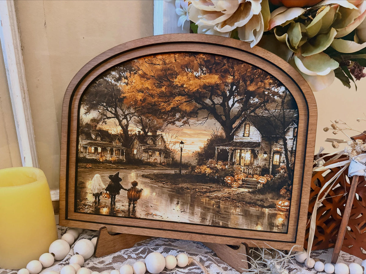 Rustic Halloween Wood Framed Arch Trick Or Treat Fall Decor Sign, Farmhouse Tiered Tray Tabletop Art