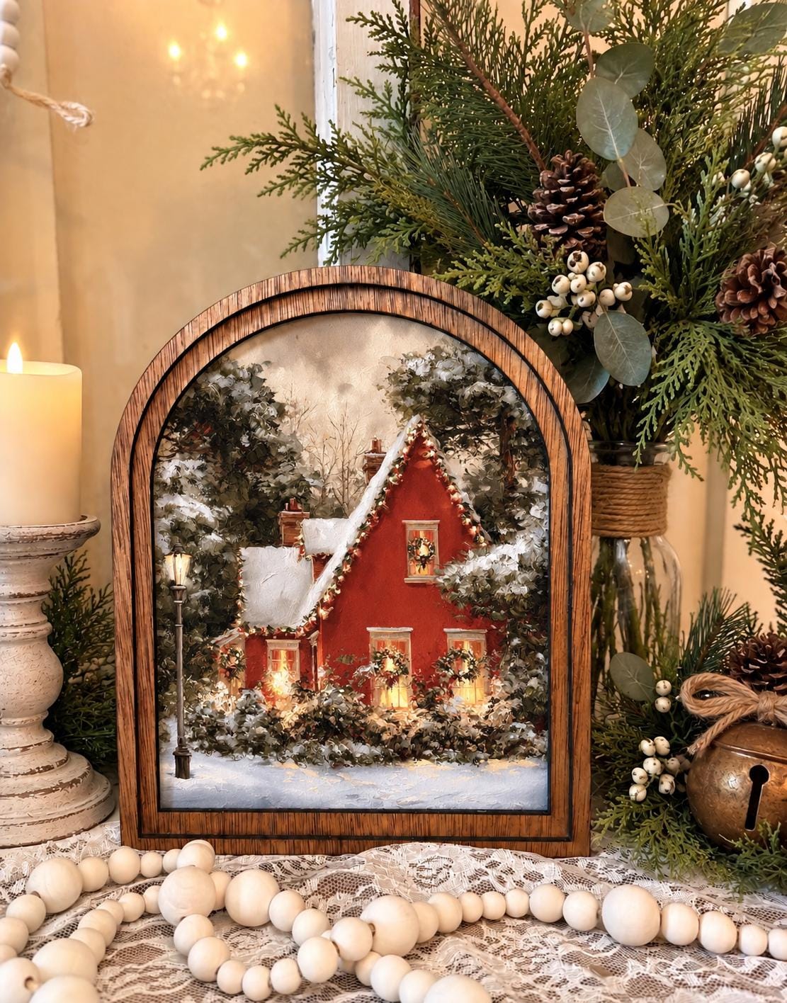Wooden Arch Framed Winter House Scene Decor | Wood Frame Canvas Art | Holiday Home Accent | Winter Themed Wall Hanging