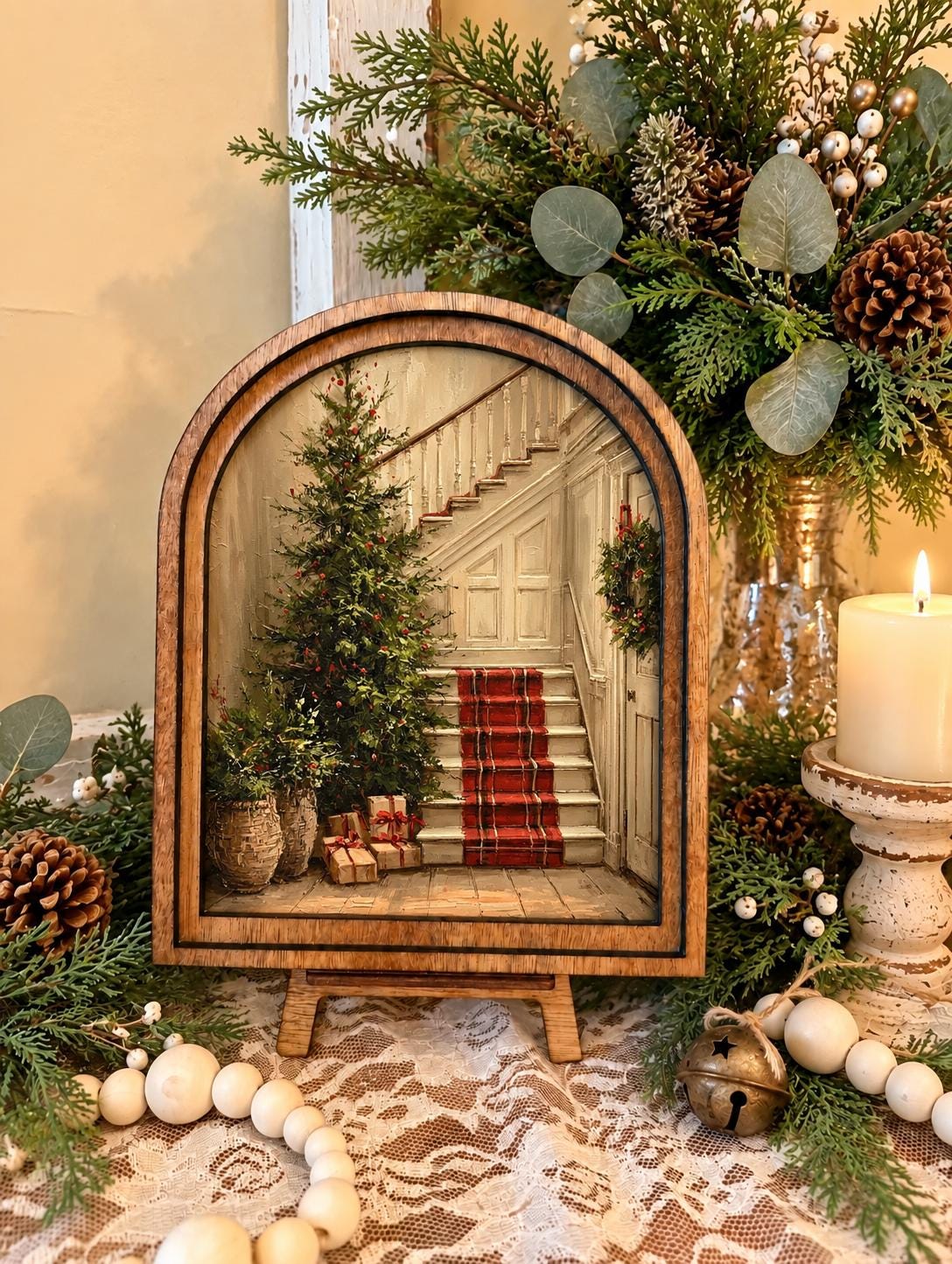 Wooden Arch Framed Christmas Tree Scene Decor | Wood Frame Canvas Art | Holiday Home Accent | Christmas Themed Wall Hanging