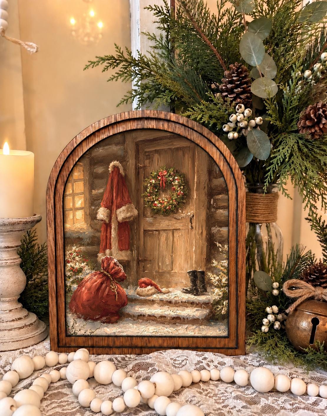 Wooden Arch Framed Santa Door Scene Decor | Wood Framed Holiday Canvas Art | Holiday Home Accent | Winter Themed Wall Hanging