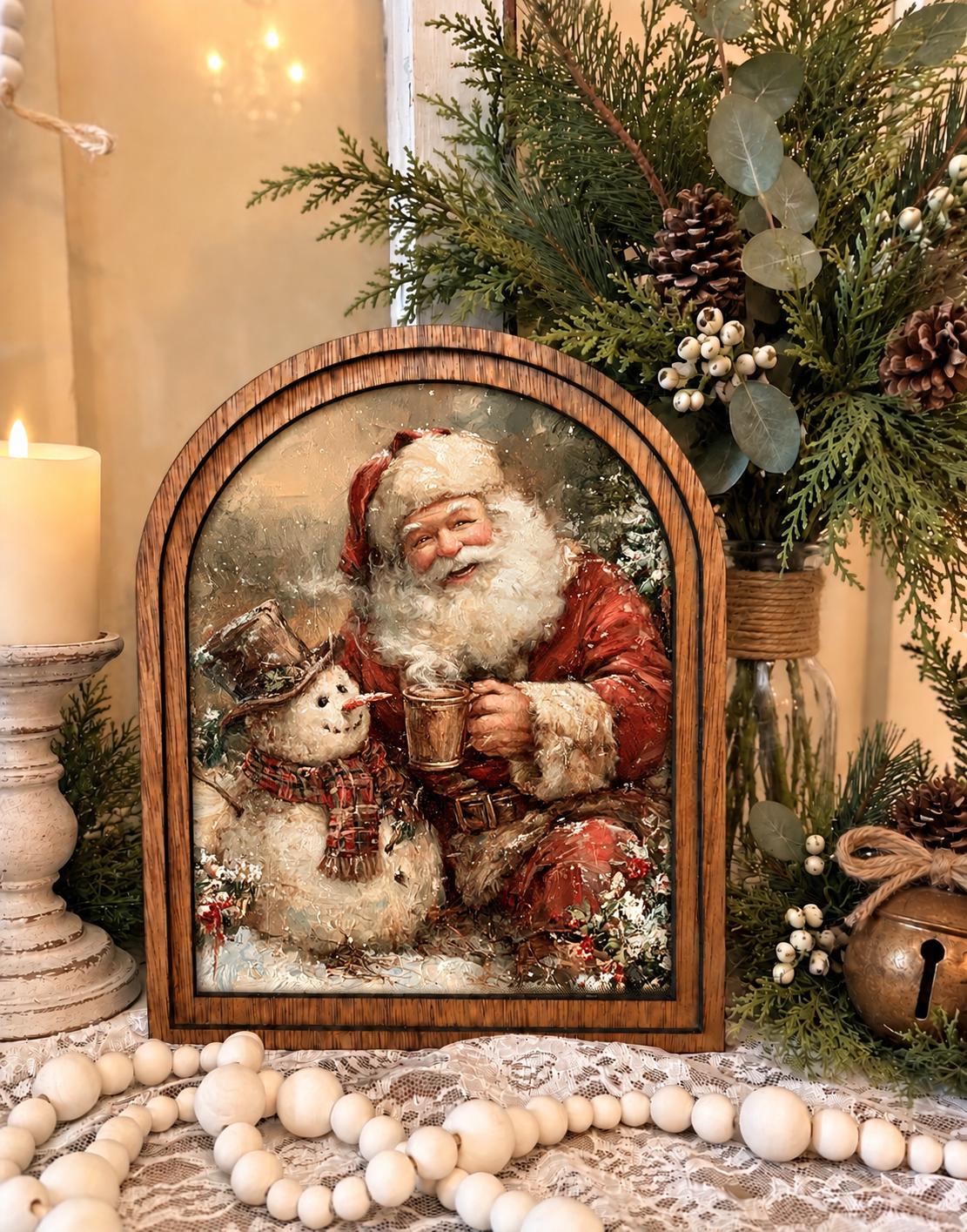 Wooden Arch Framed Santa Snowman Scene Decor | Wood Framed Christmas Canvas Art | Holiday Home Accent | Winter Themed Wall Hanging