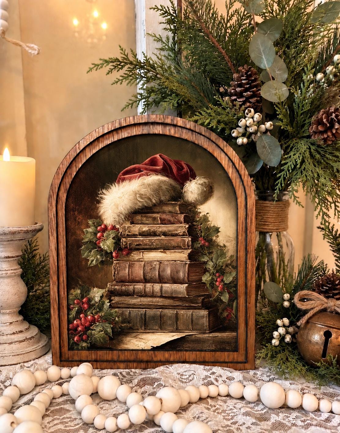 Wooden Arch Framed Winter Bookstack Scene Decor | Wood Framed Bookish Holiday Canvas Art | Holiday Home Accent | Winter Themed Wall Hanging