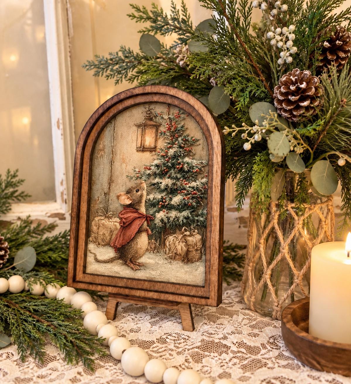Wooden Arch Framed Christmas Mouse Decor | Wood Framed Holiday Canvas Art | Holiday Home Accent | Winter Themed Wall Hanging