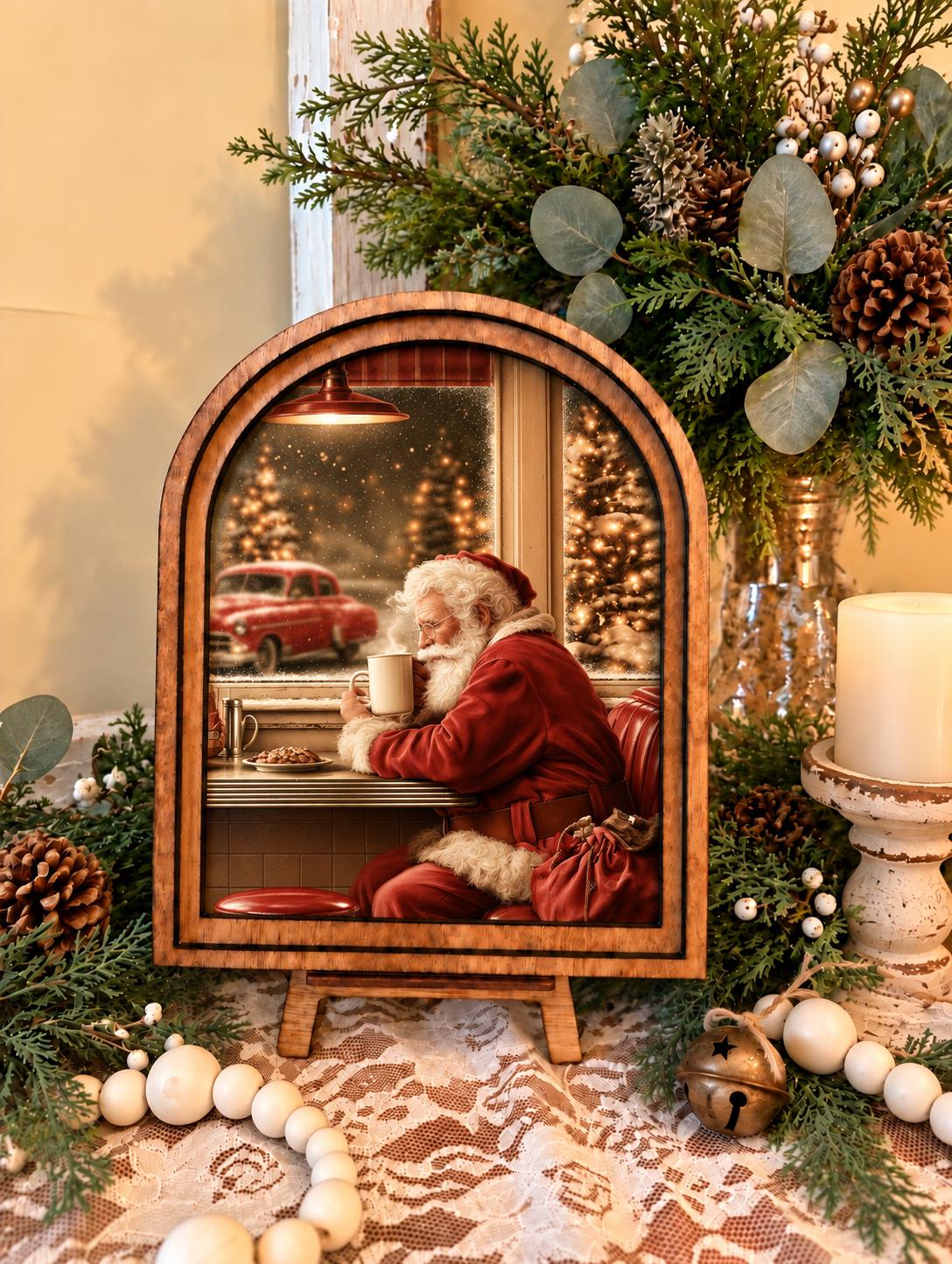Wooden Arch Framed Santa Coffee Bar Decor | Wood Framed Holiday Canvas Art | Funny Holiday Home Accent | Winter Themed Wall Hanging