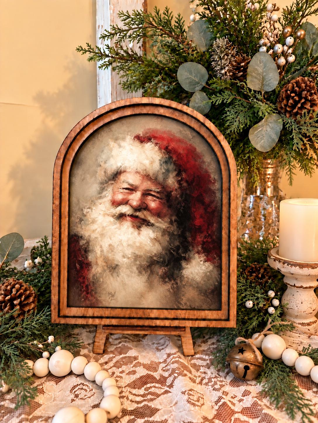 Wooden Arch Framed Christmas Santa Decor | Wood Framed Holiday Canvas Art | Holiday Home Accent | Winter Themed Wall Hanging