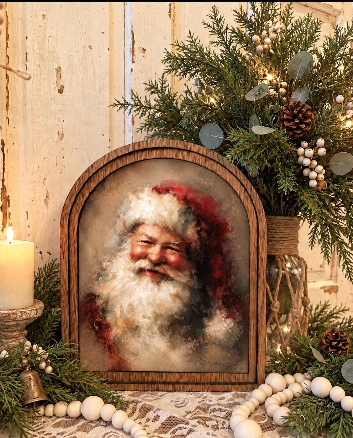 Wooden Arch Framed Christmas Santa Decor | Wood Framed Holiday Canvas Art | Holiday Home Accent | Winter Themed Wall Hanging