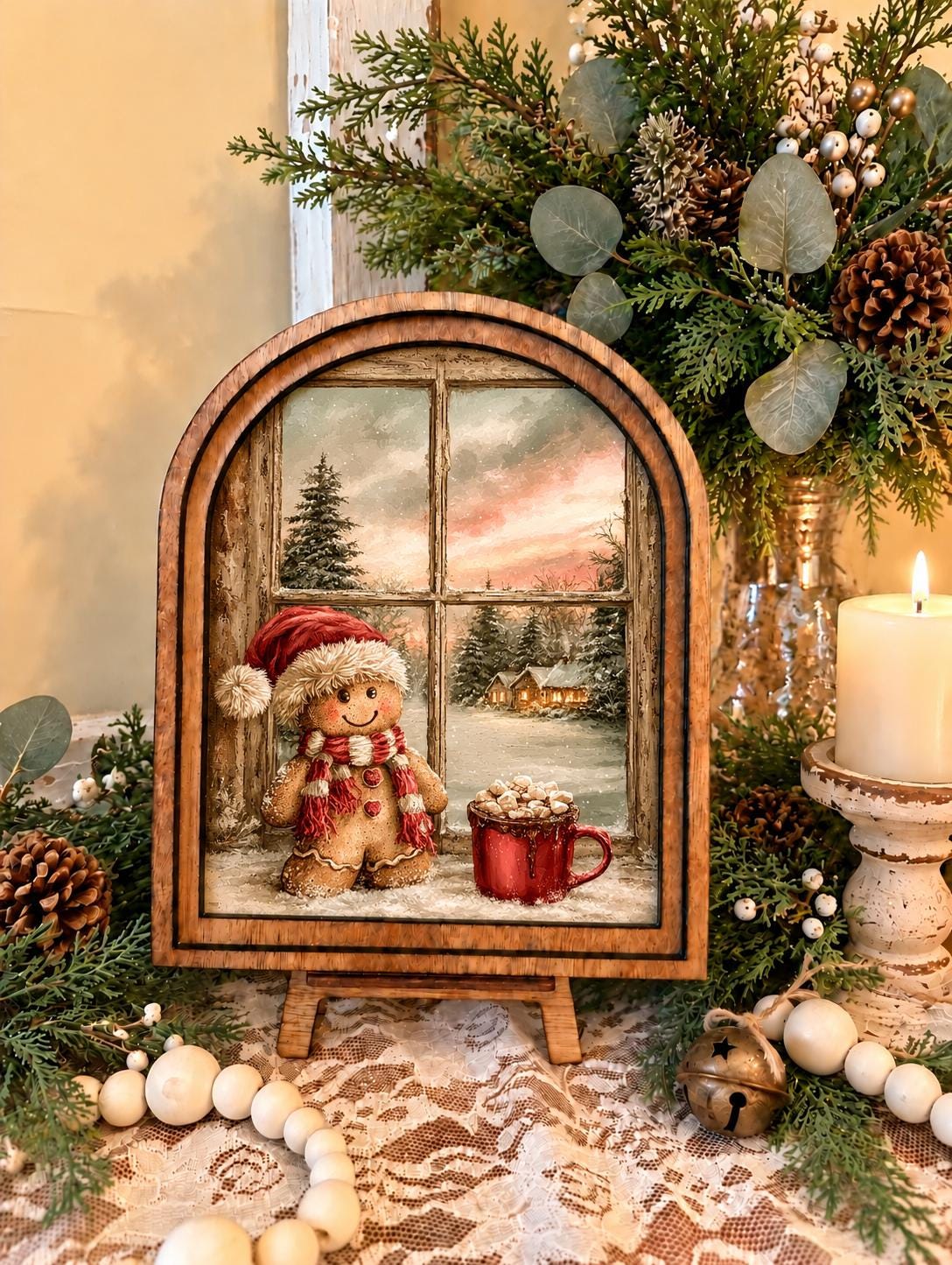 Wooden Arch Framed Christmas Gingerbread Decor | Wood Framed Holiday Canvas Art | Holiday Home Accent | Winter Themed Wall Hanging