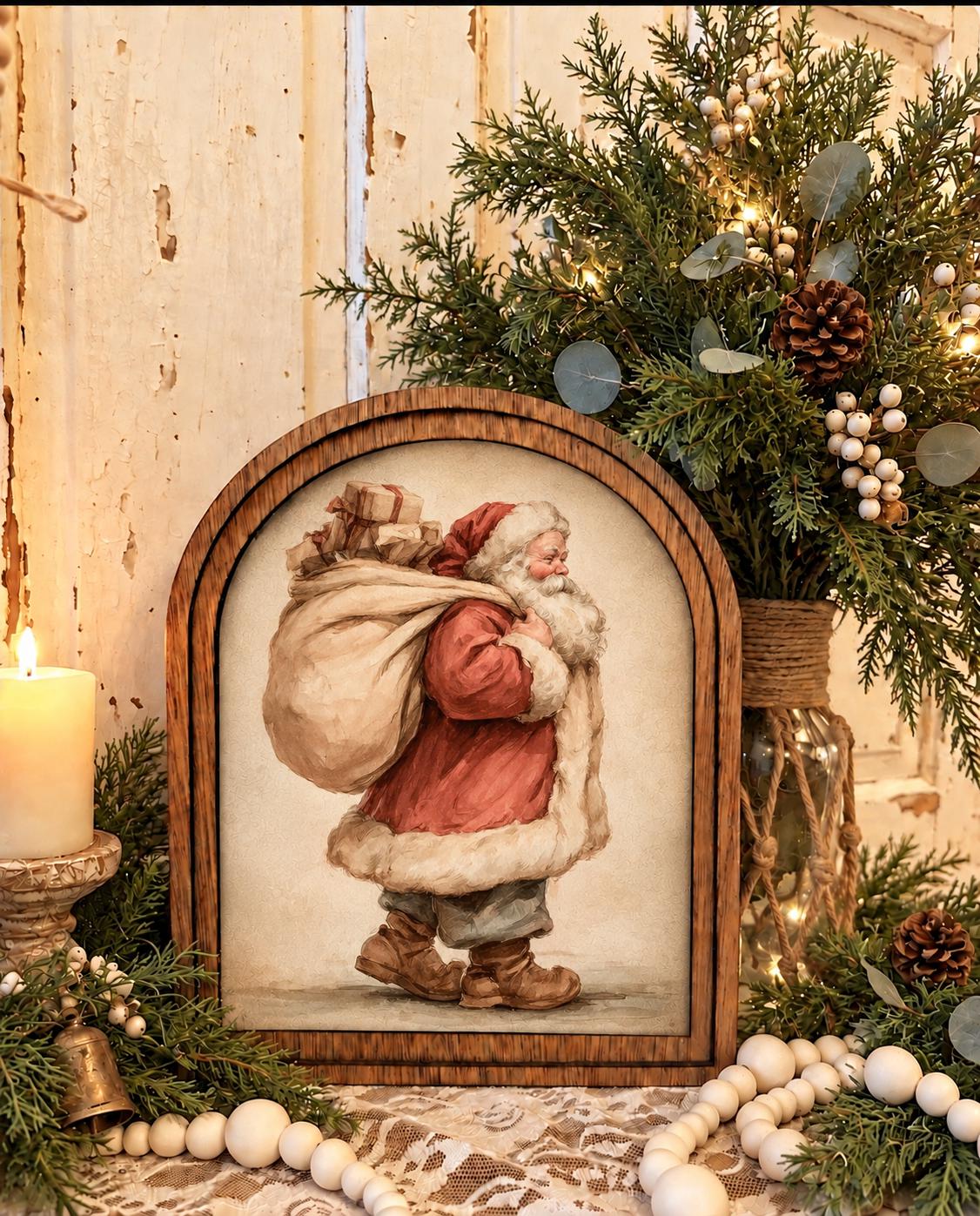 Wooden Arch Framed Christmas Santa Decor | Wood Framed Holiday Canvas Art | Holiday Home Accent | Winter Themed Wall Hanging