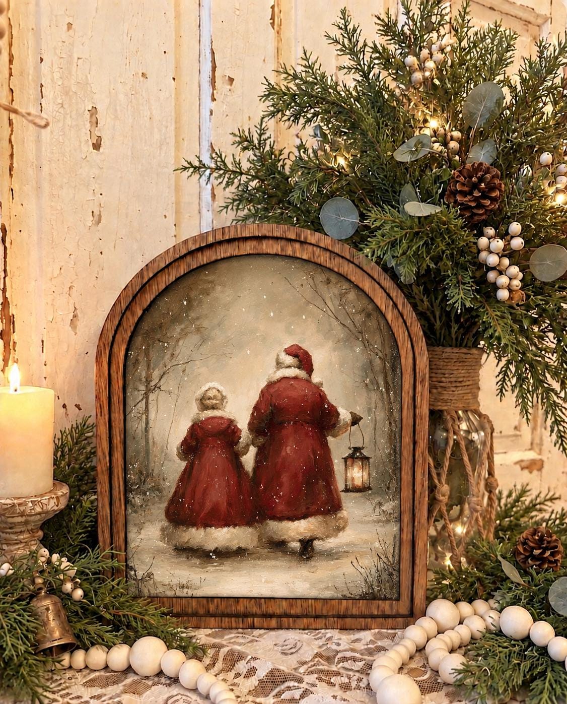 Wooden Arch Framed Christmas Santa Decor | Wood Framed Holiday Canvas Art | Holiday Home Accent | Winter Themed Wall Hanging
