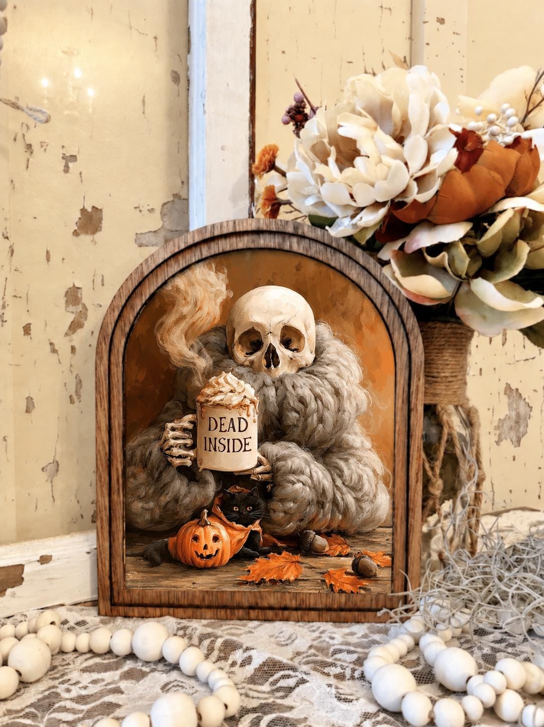 Halloween Decor, Spooky Black Cat Sign, Skull Wall Art, Fall Farmhouse Accent, Wood Framed Arch, Gothic Autumn Decor, Rustic Halloween Art