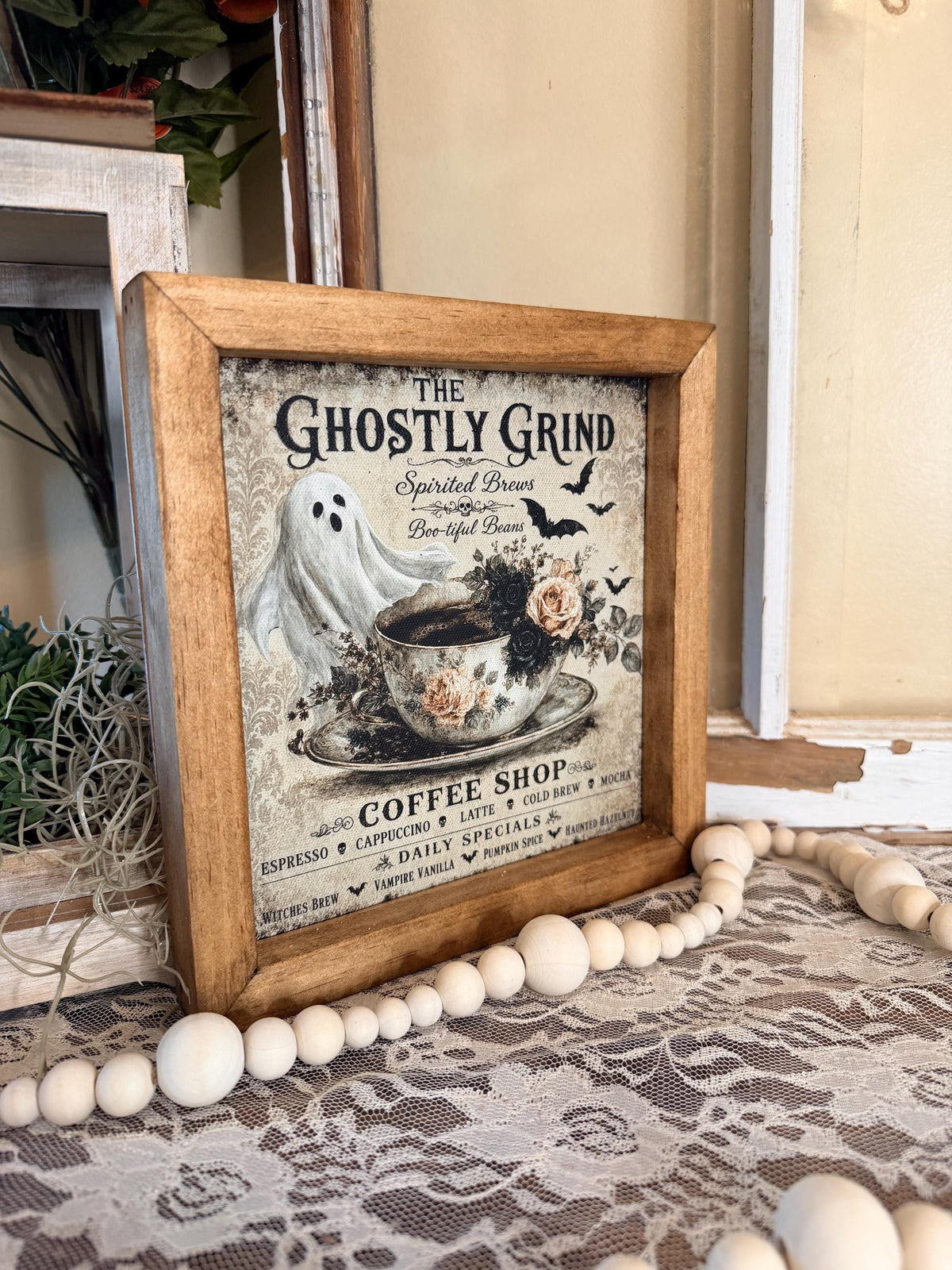 Halloween wood framed coffee bar sign, coffee ghost kitchen framed wall art