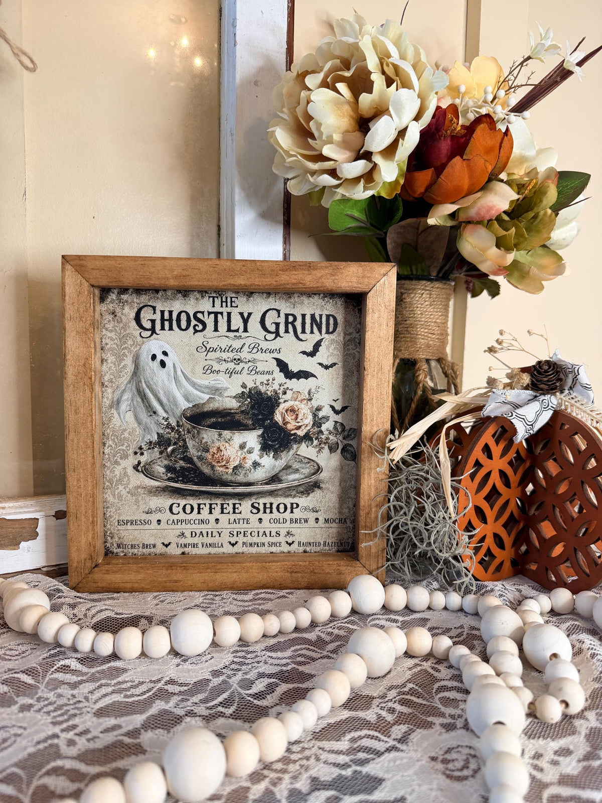 Halloween wood framed coffee bar sign, coffee ghost kitchen framed wall art