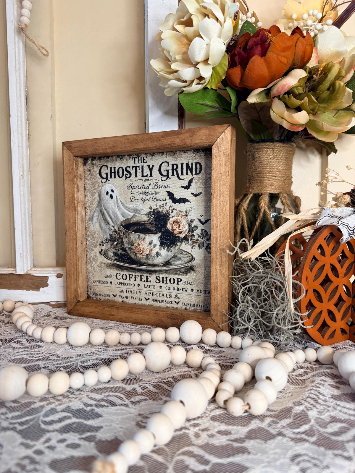 Halloween wood framed coffee bar sign, coffee ghost kitchen framed wall art