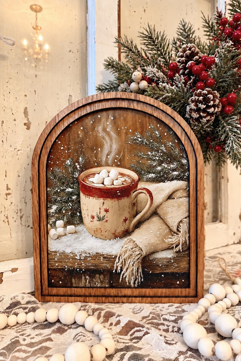Christmas Hot Cocoa Wall Art, Winter Farmhouse Decor, Cozy Holiday Kitchen Art, Rustic Christmas Canvas Print, Wood Framed Arch Decor