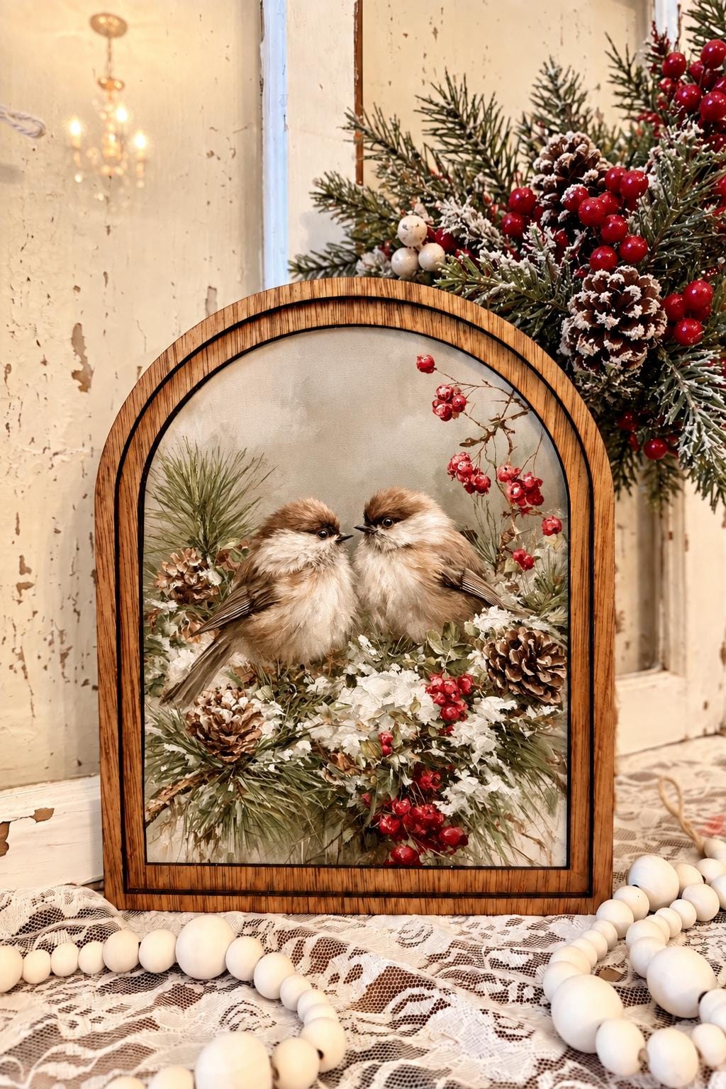 Christmas Chickadee Wall Art, Winter Bird Decor, Wood Framed Canvas, Rustic Farmhouse Christmas Sign, Holiday Bird Art, Woodland Decor