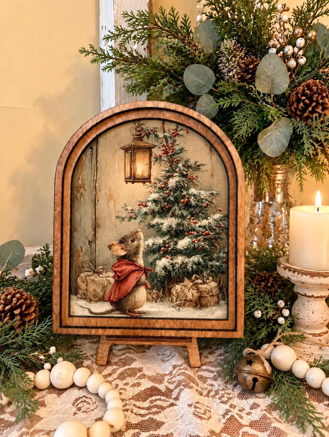 Wooden Arch Framed Christmas Mouse Decor | Wood Framed Holiday Canvas Art | Holiday Home Accent | Winter Themed Wall Hanging