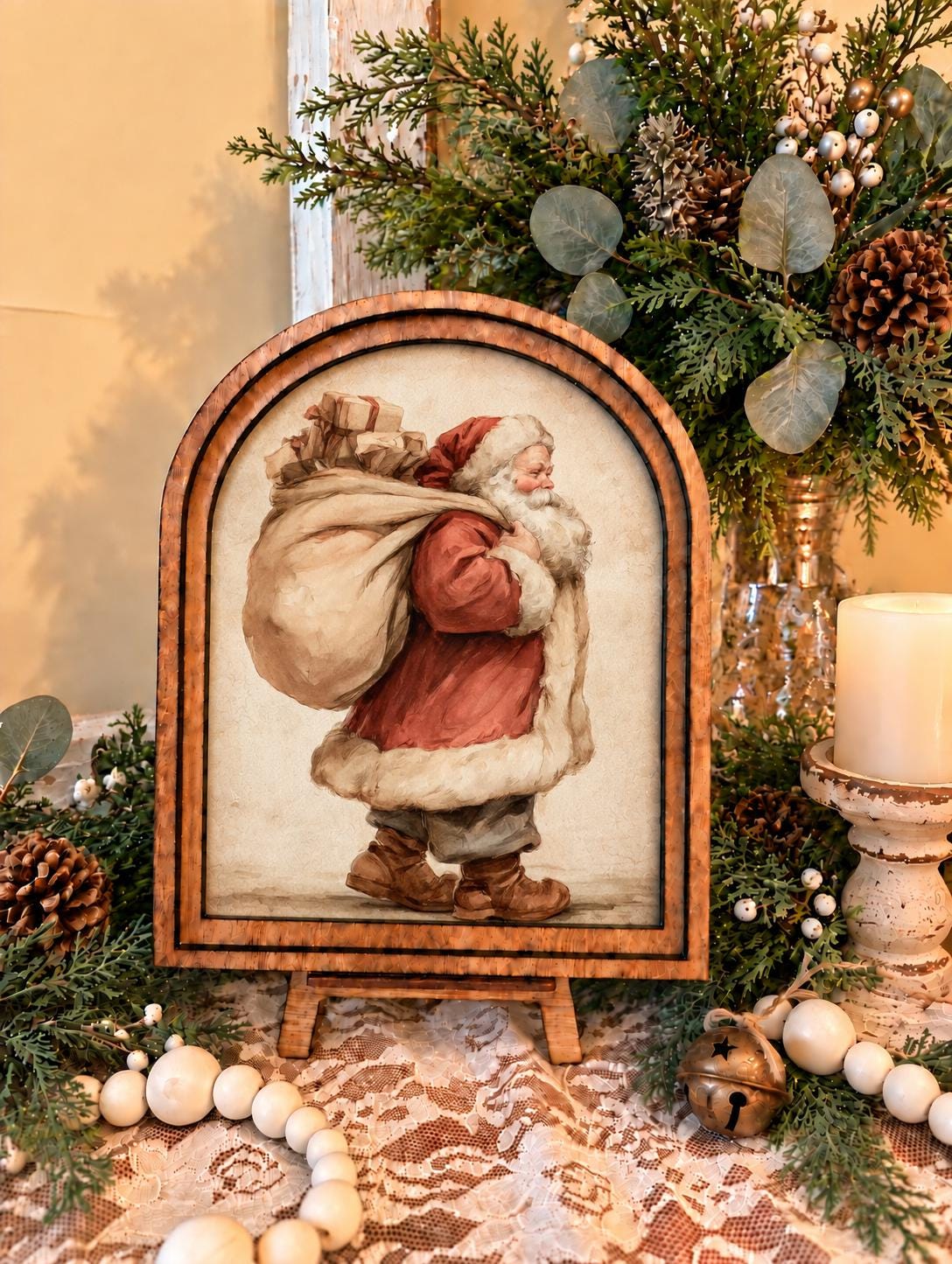 Wooden Arch Framed Christmas Santa Decor | Wood Framed Holiday Canvas Art | Holiday Home Accent | Winter Themed Wall Hanging