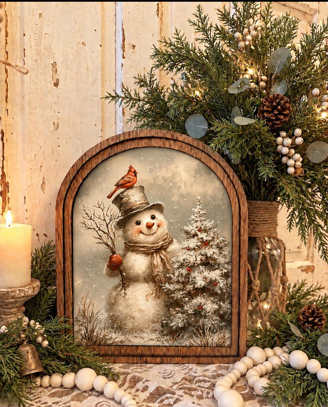 Wooden Arch Framed Winter Snowman Decor | Wood Framed Cardinal Holiday Canvas Art | Holiday Home Accent | Winter Themed Wall Hanging