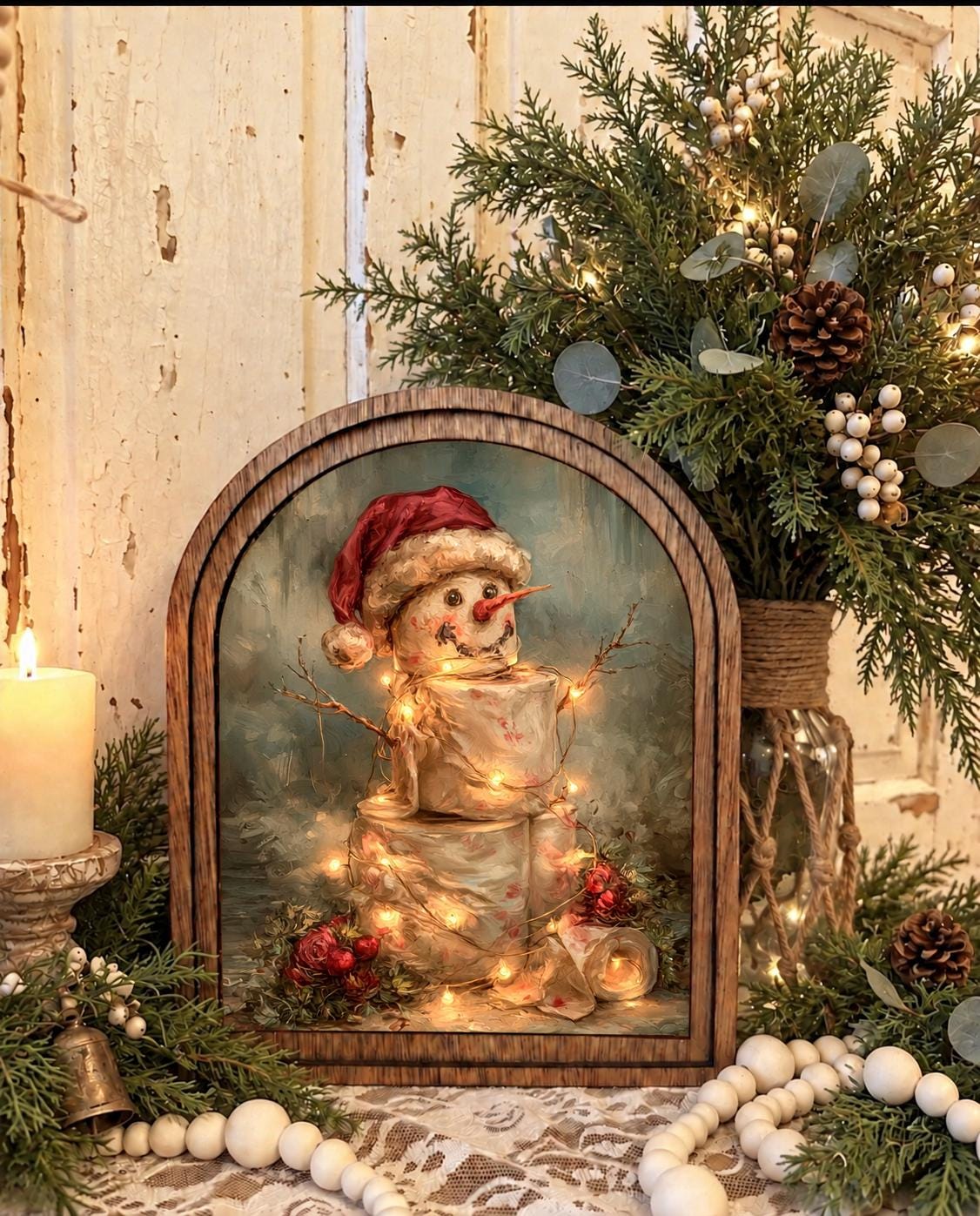 Wooden Arch Framed Christmas Snowman Funny Decor | Wood Framed Bathroom Holiday Canvas Art | Home | Winter Themed Wall Hanging