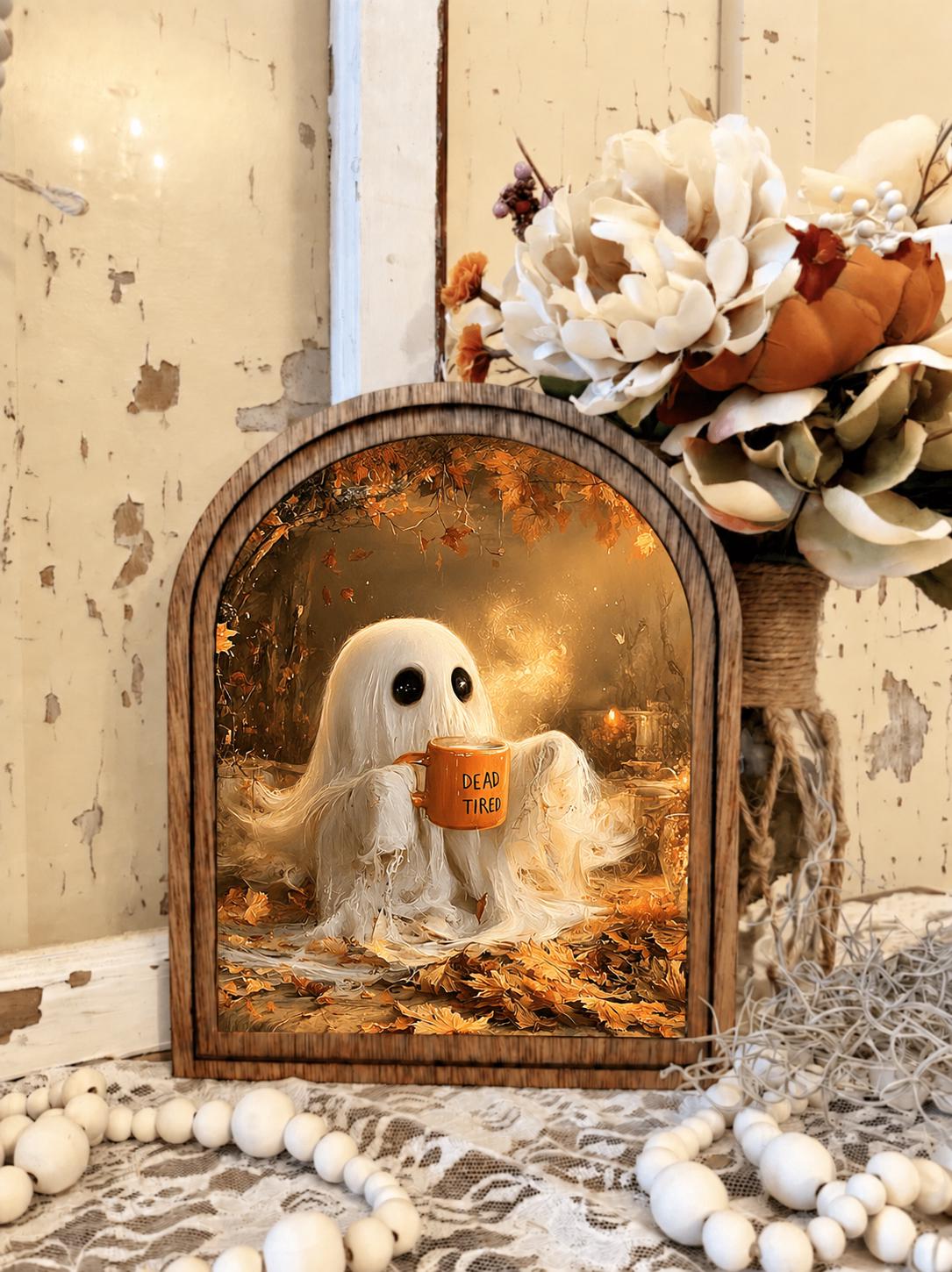 Halloween Ghost Coffee Decor,  Ghost Sign, Spooky Coffee Bar Decor, Funny Ghost Art, Fall Wood Framed Arch, Halloween Shelf Decor