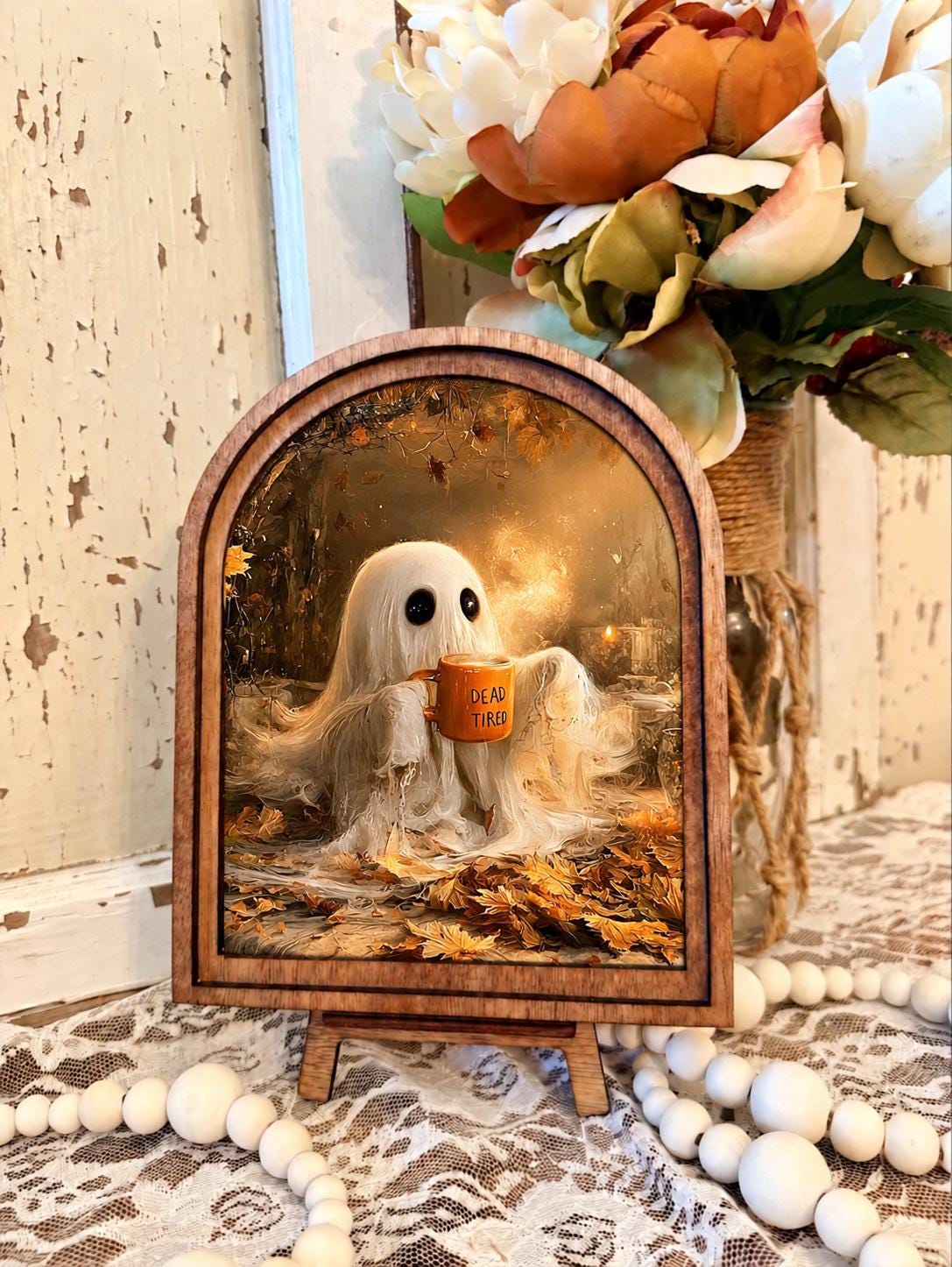 Halloween Ghost Coffee Decor,  Ghost Sign, Spooky Coffee Bar Decor, Funny Ghost Art, Fall Wood Framed Arch, Halloween Shelf Decor