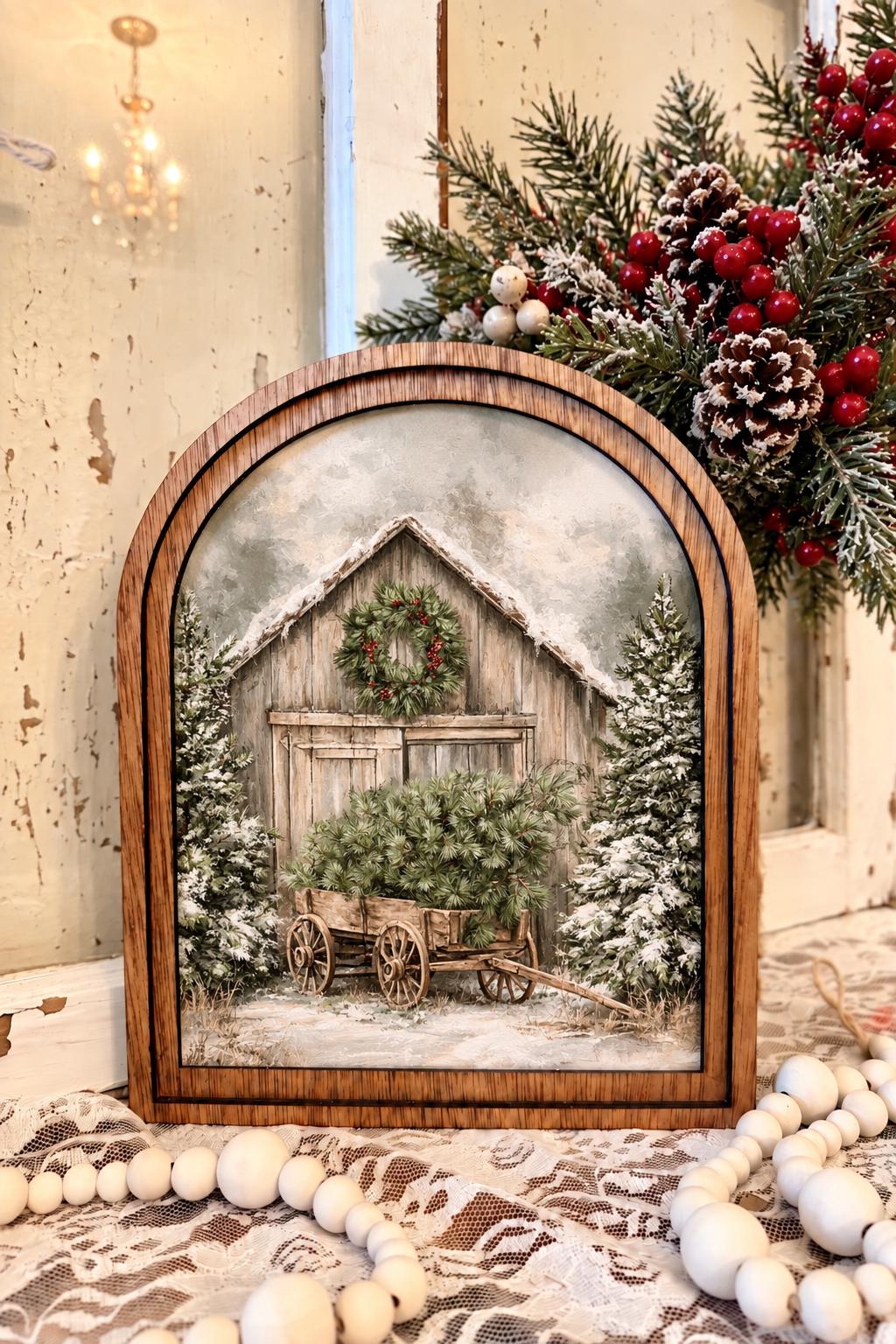 Wooden Arch Framed Farm Winter Scene Decor | Wood Frame Canvas Art | Holiday Home Accent | Christmas Themed Wall Hanging