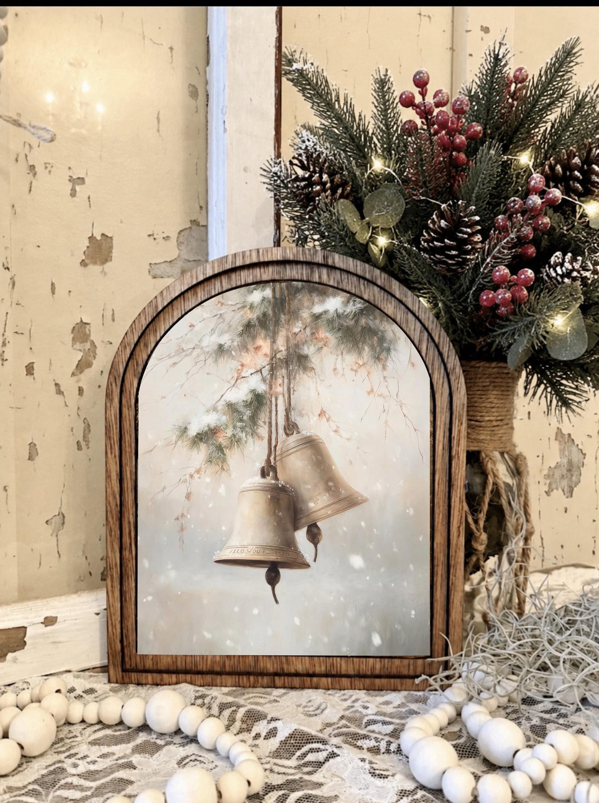 Wooden Arch Framed  Golden Winter Bells Decor | Wood Frame Canvas Art | Holiday Home Table Top Accent | Christmas Themed Wall Hanging