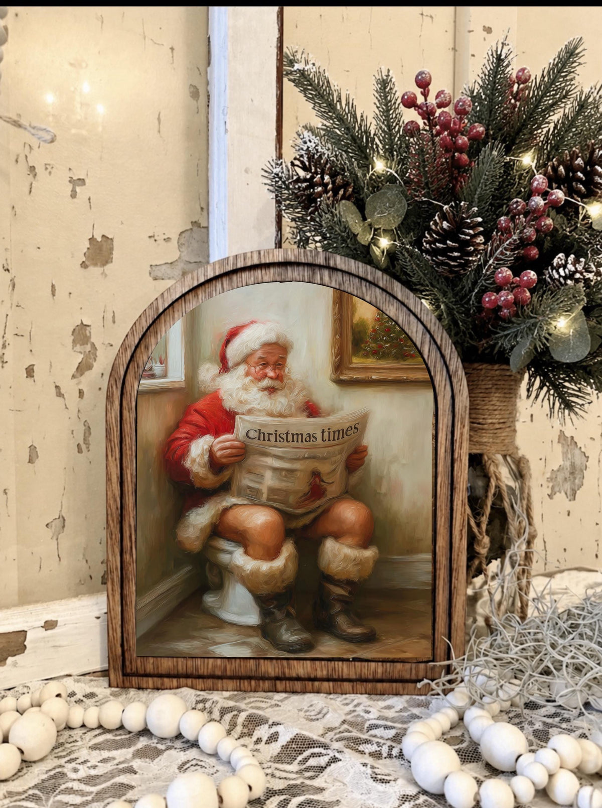 Wooden Arch Framed Santa Bathroom Decor | Wood Frame Canvas Art | Holiday Home Table Top Accent | Christmas Themed Wall Hanging