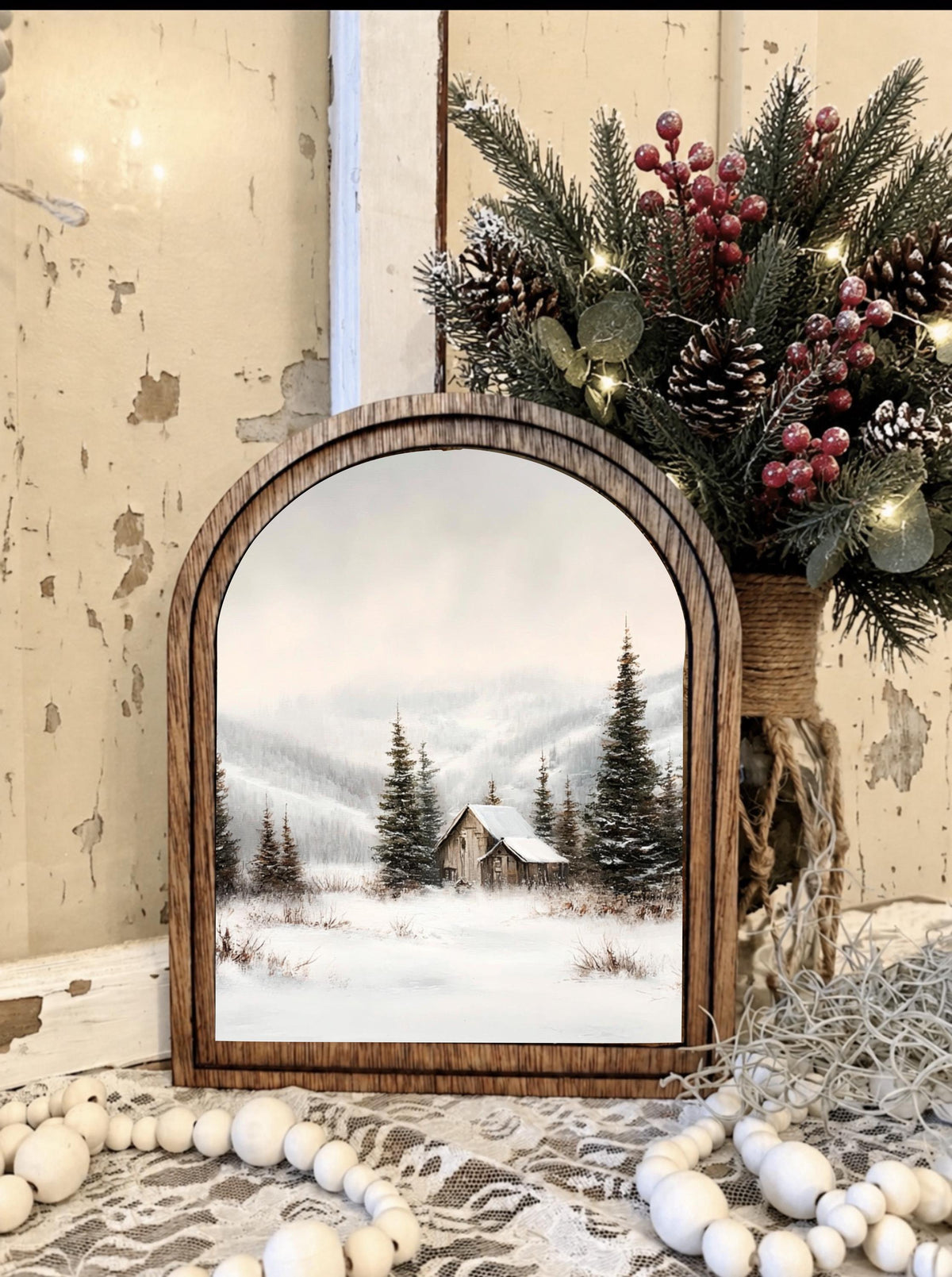 Wooden Arch Framed  Winter Scene Decor | Wood Frame Canvas Art | Holiday Home Table Top Accent | Christmas Themed Wall Hanging
