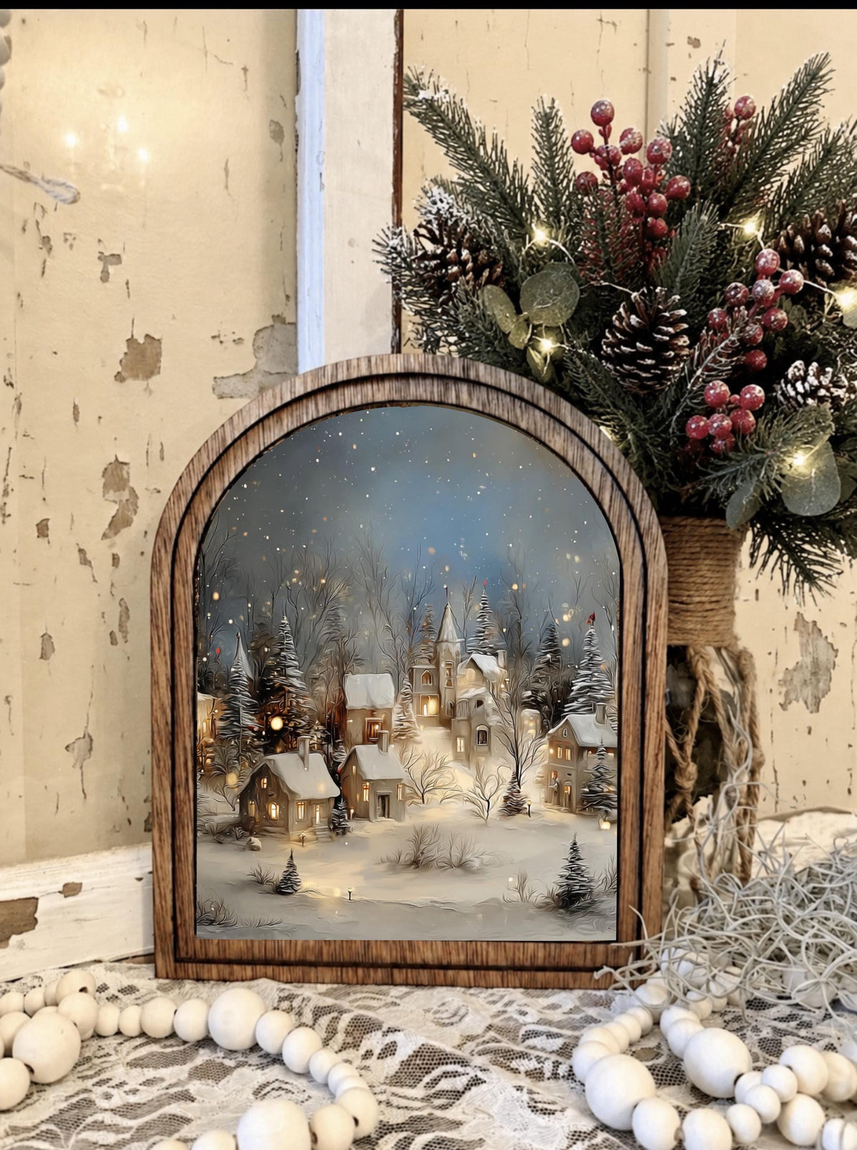 Wooden Arch Framed  Winter Village Scene Decor | Wood Frame Canvas Art | Holiday Home Table Top Accent | Christmas Themed Wall Hanging